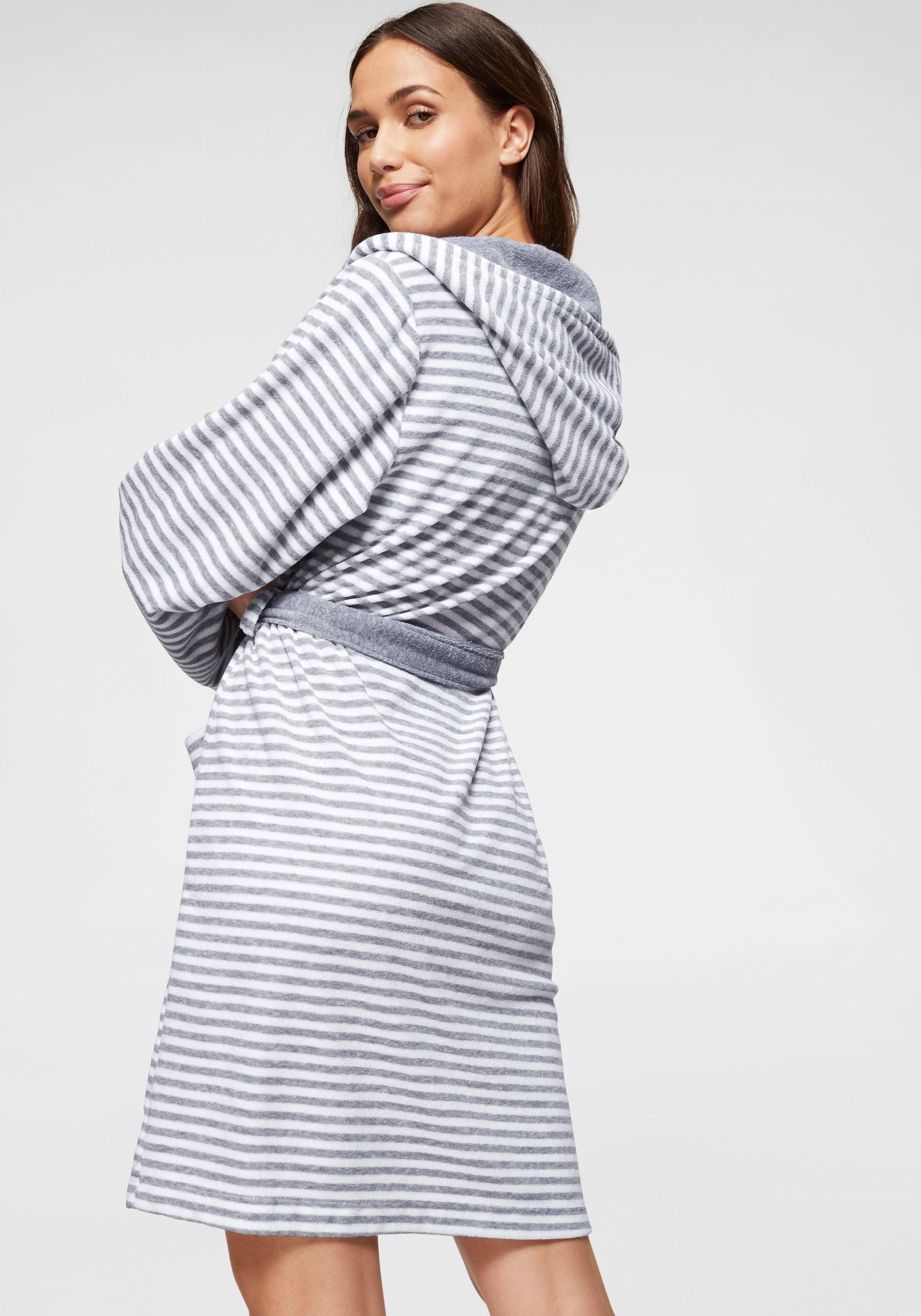 KangaROOS Damenbademantel Luana, ideal für Sauna & Spa, Hotelbademantel, Morgenmantel, Kurzform, Leichtfrottier, Kapuze, Gürtel, Streifen - Bademantel für Damen, gestreift, XS-3XL