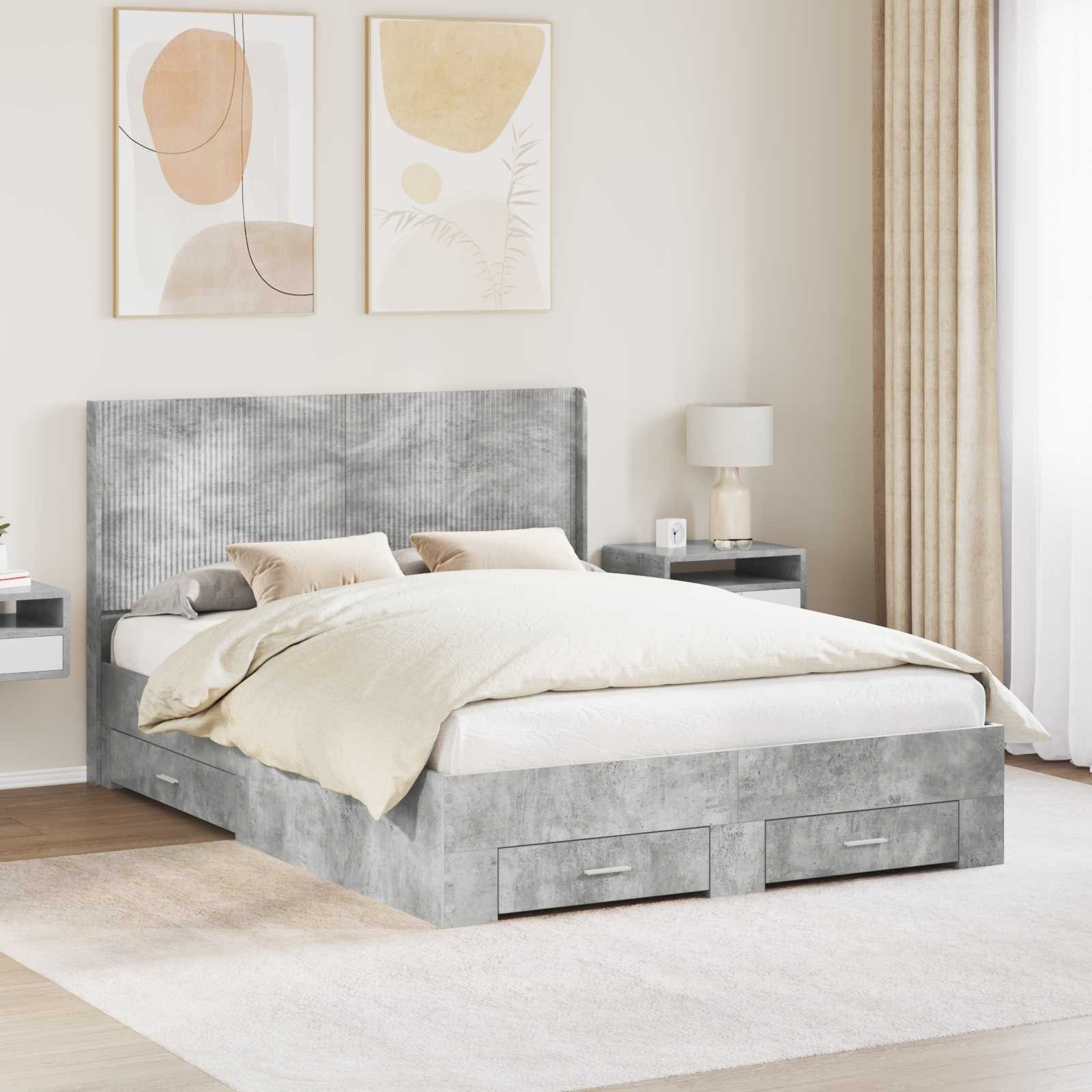 vidaXL Bett Bettgestell mit Stauraum und Kopfteil Betongrau 140 x 190 cm (1-tlg)