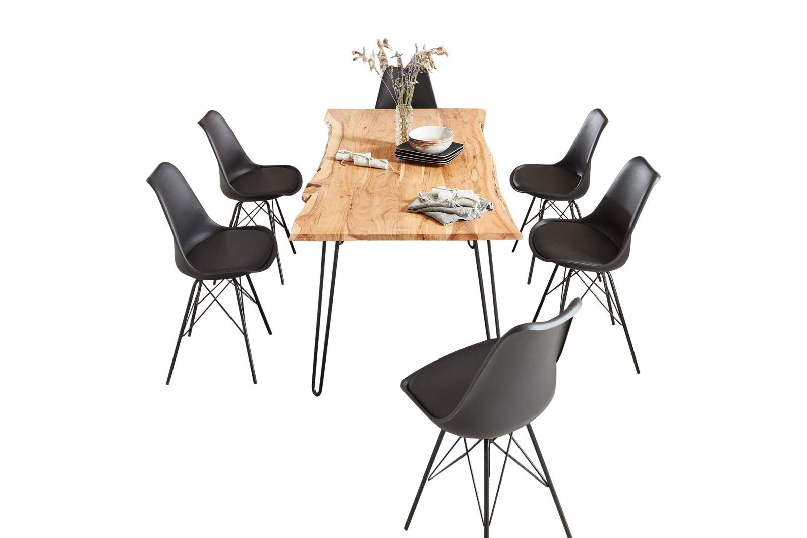 SAM® Essgruppe Piura, Akazienholz, naturfarben, Baumkante, Metallgestell und 6 Stühlen