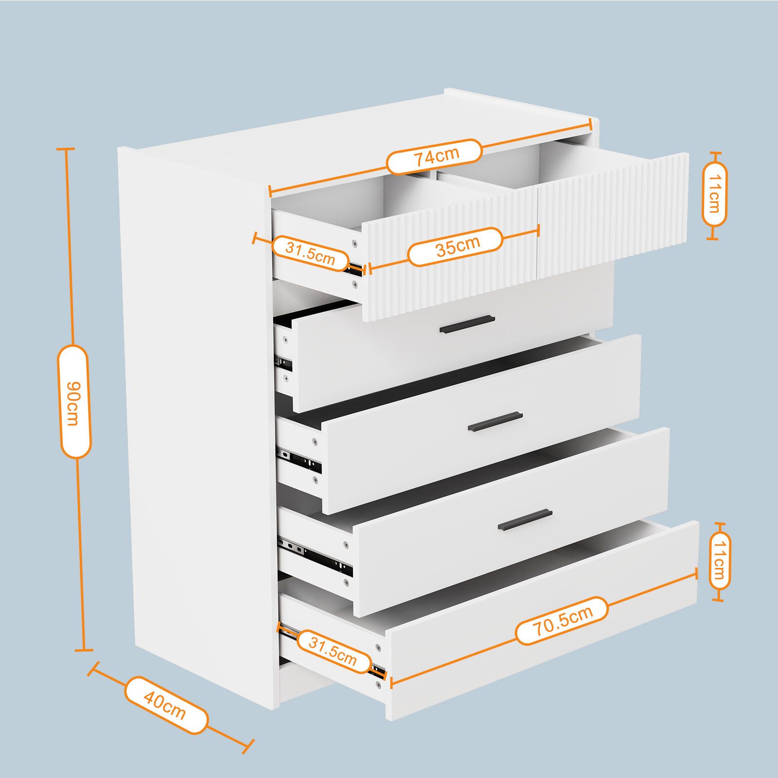 HOMAVO Kommode DG1 mit 6 Schubladen für Wohnzimmer Schlafzimmer modern & geräumig, FSC®, viel Stauraum, pflegeleicht-74 × 40 × 90 cm (B × T × H)
