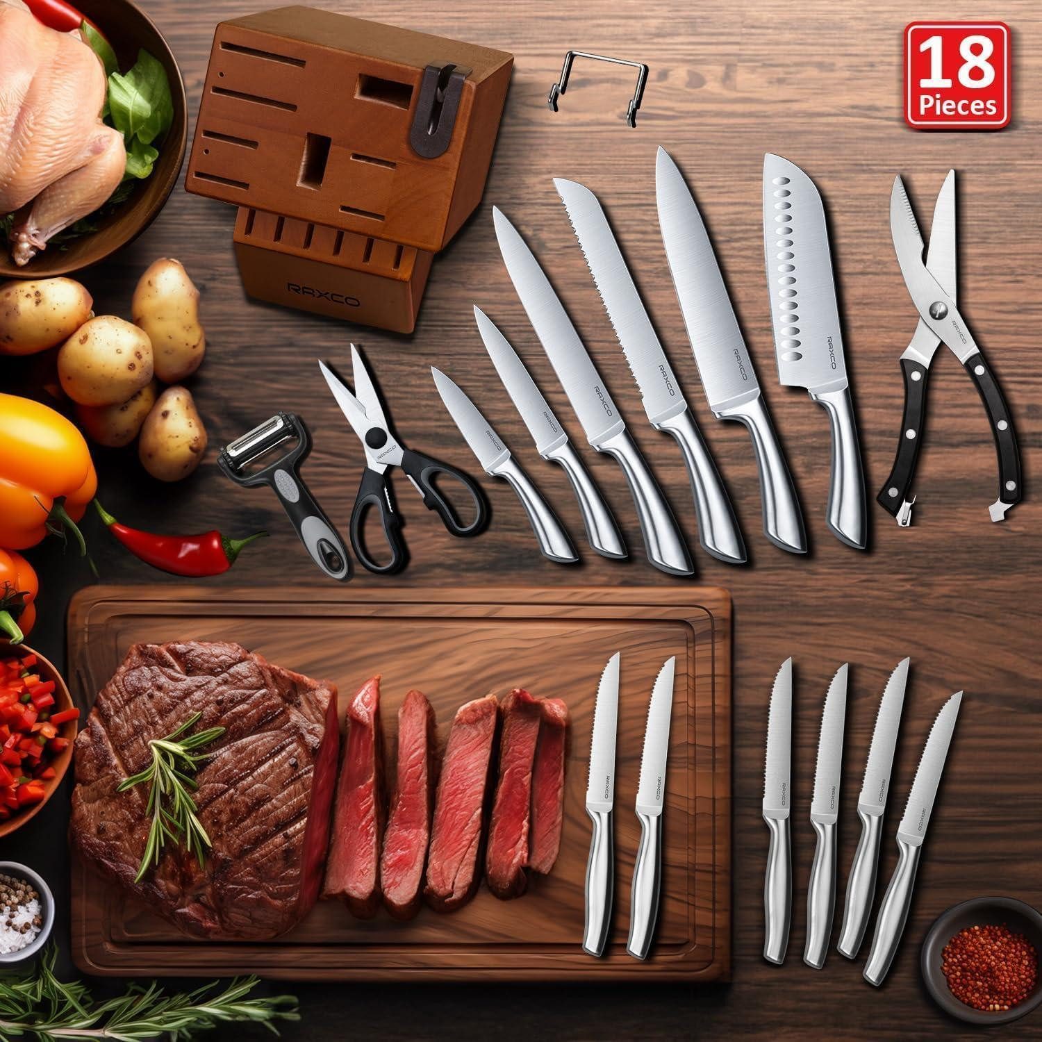 LuxusKollektion Messerblock Messerset 18-teilig Edelstahl Küchenmesser Steakmesser Block Schärfer