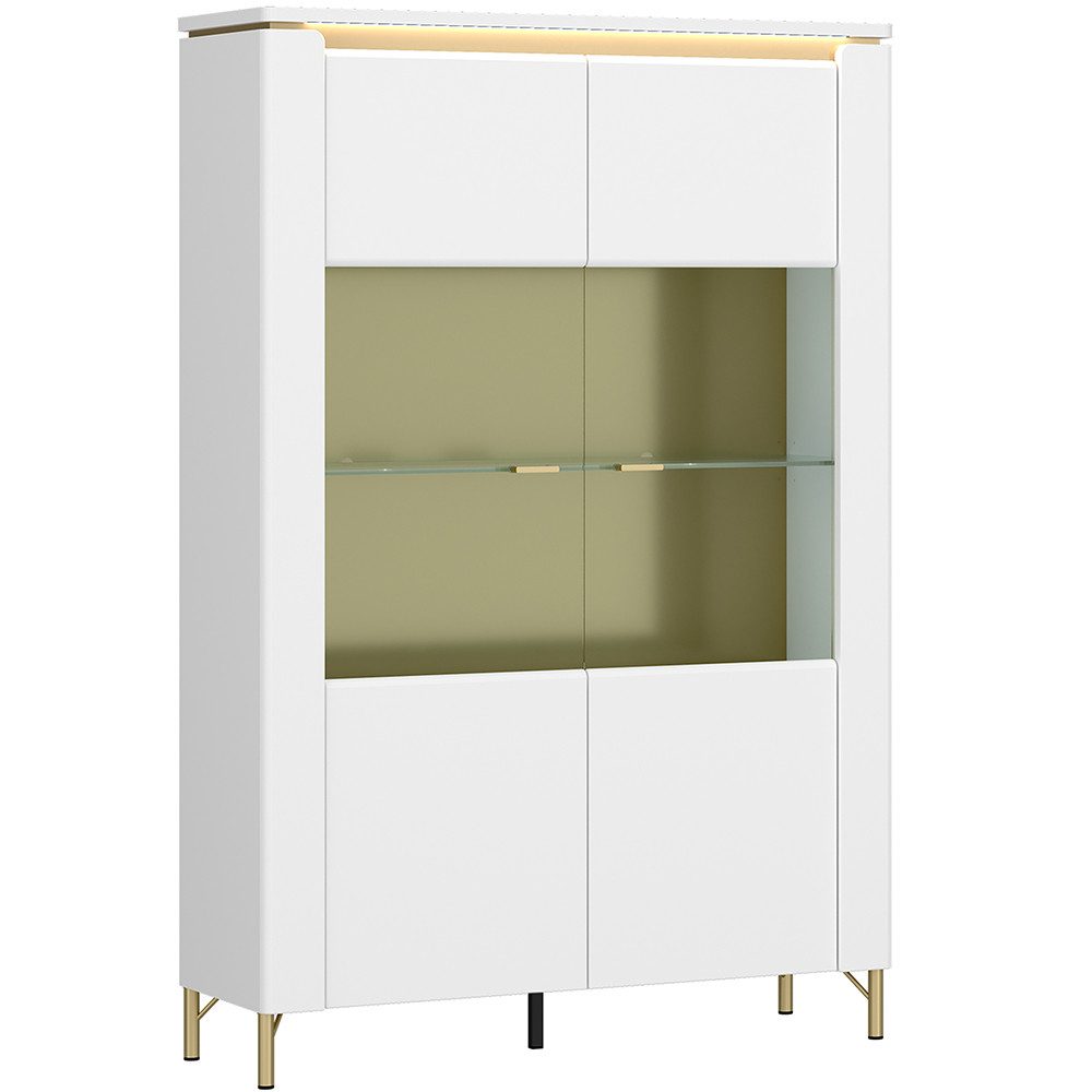Lomadox Esszimmer-Set LUKA-129, (Spar-Set, 5-St., Sideboard Spiegel Esstisch Vitrine Vitrinenschrank), weiß mit goldfarbenen Akzenten