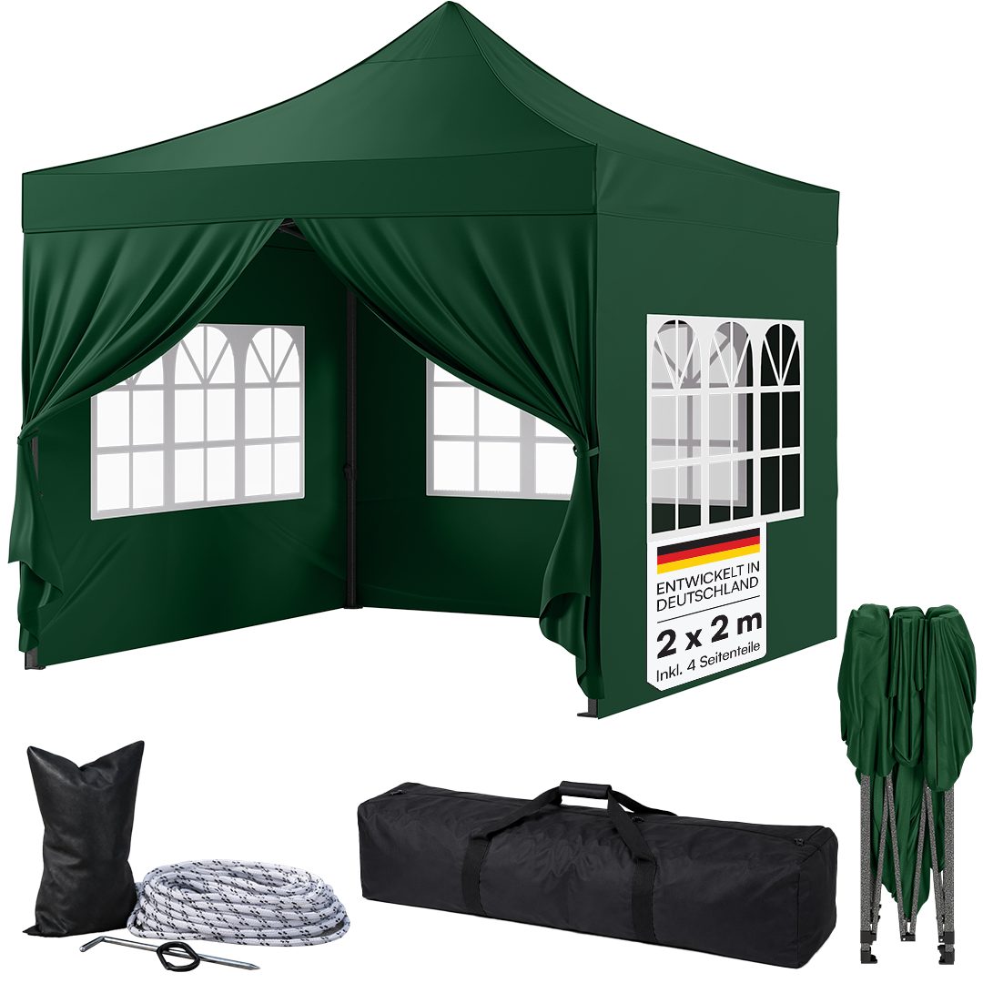 STEELSØN Pavillon Rynara Faltpavillon wind- & wetterfest, mit 4 Seitenteilen, (2x2 m, grün), UV-Schutz, Gartenpavillon mit Seitenwänden
