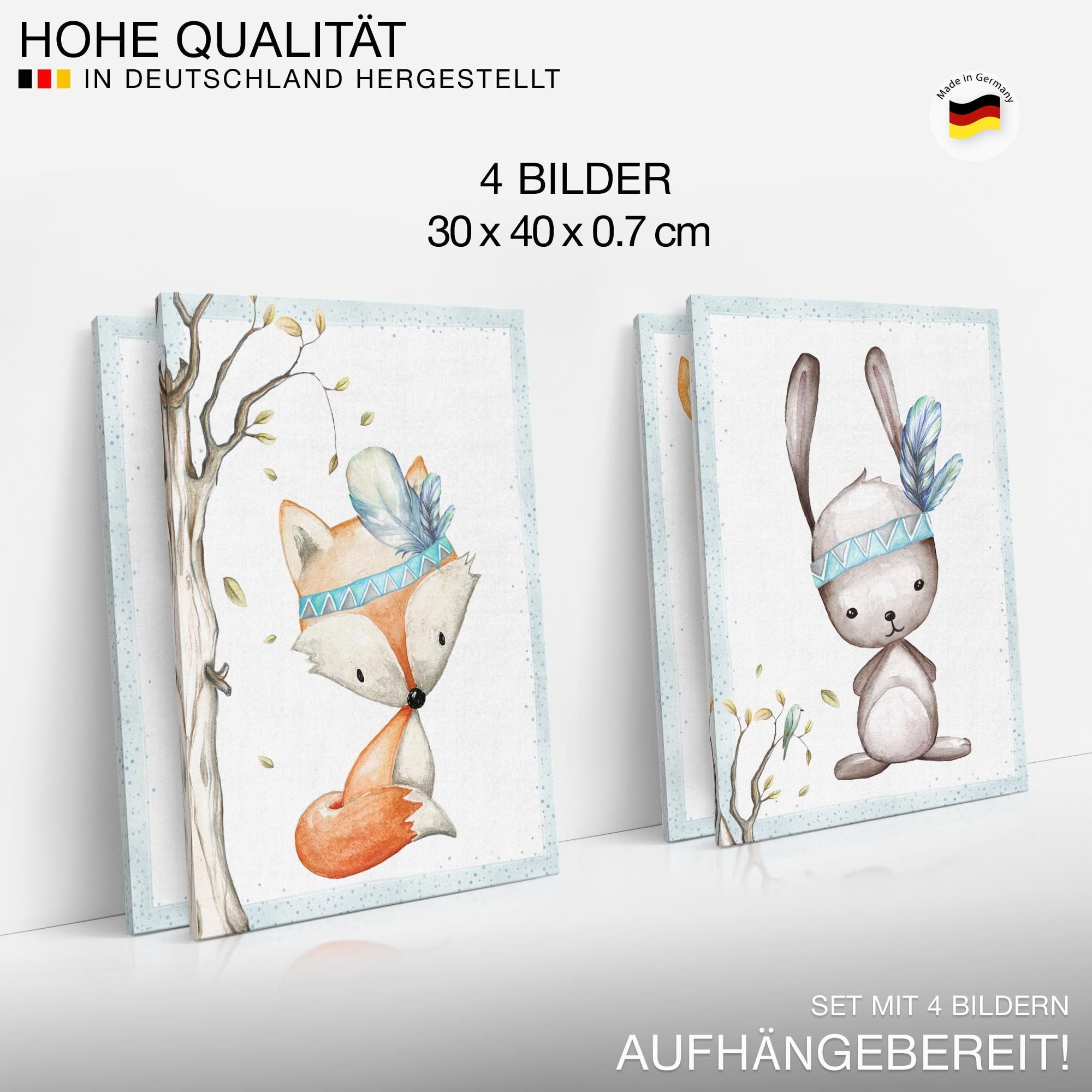 Novart Wandbild Kinderzimmer Tiere Bilder Set 4 Teile 30x40 cm Babyzimmer, (4 St)