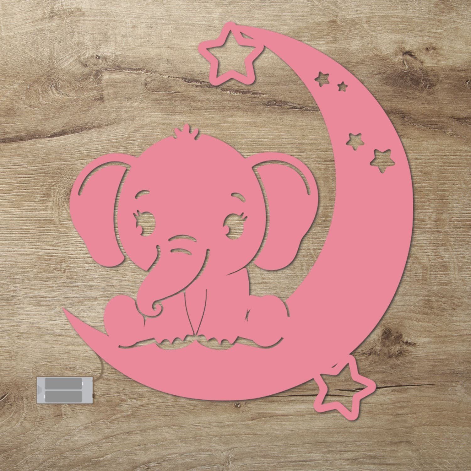 Warmweiß, Mond fest Ohne - Rosa Motiv Zugschalter/Stern, LED für mit Leuchte, Baby LED Elefant Elefanten Kinder, auf Wohnzimmer integriert, Namofactur Schlaflicht batteriebetrieben Wanddekoobjekt, Wandleuchte