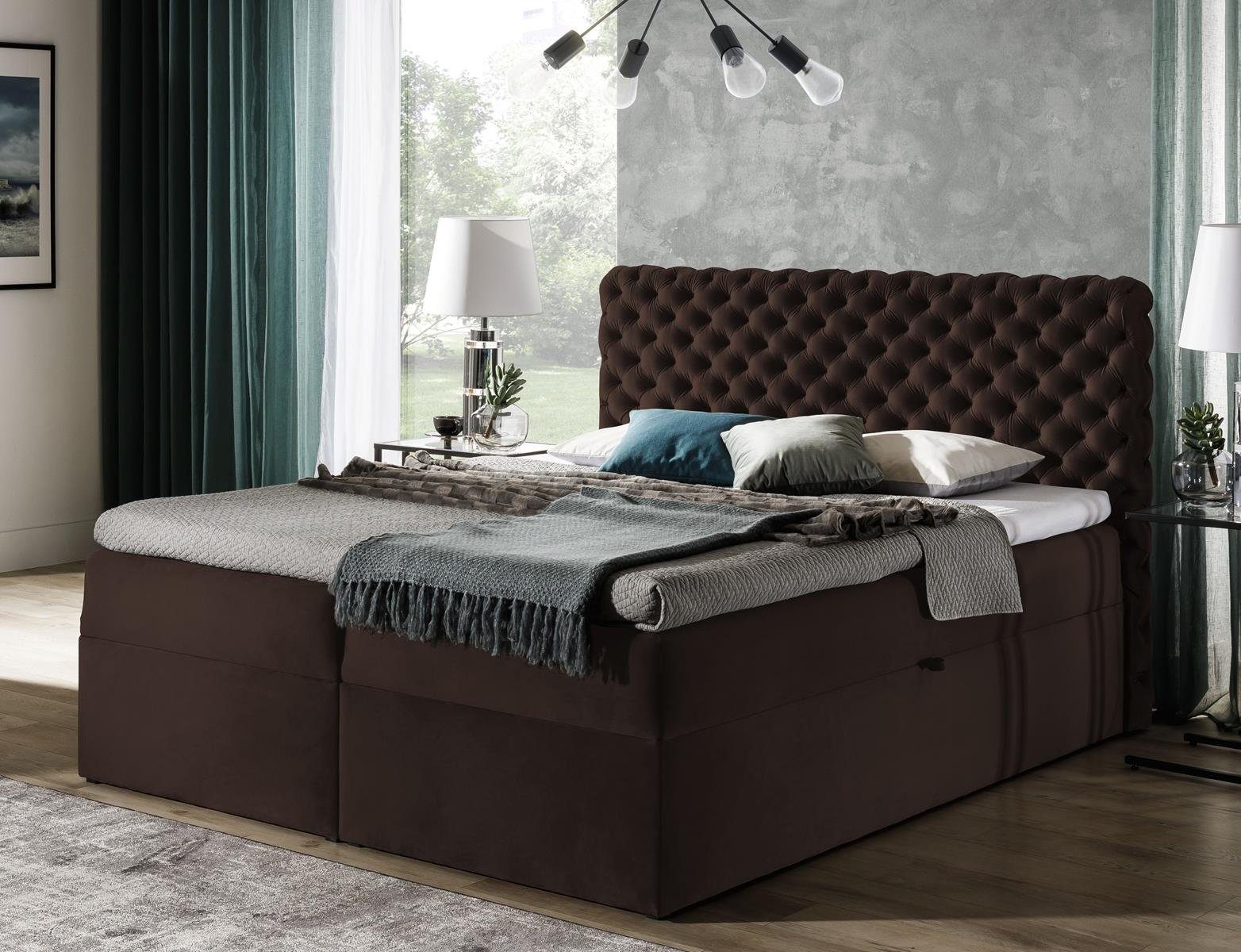 Beautysofa Boxspringbett Chester (Bett, inklusive cm 120 Matratze mit Doppelbett / (riveira 200 180 / Bonnell-Federn, 160 28) 5 / cm), / Topper Braun 140