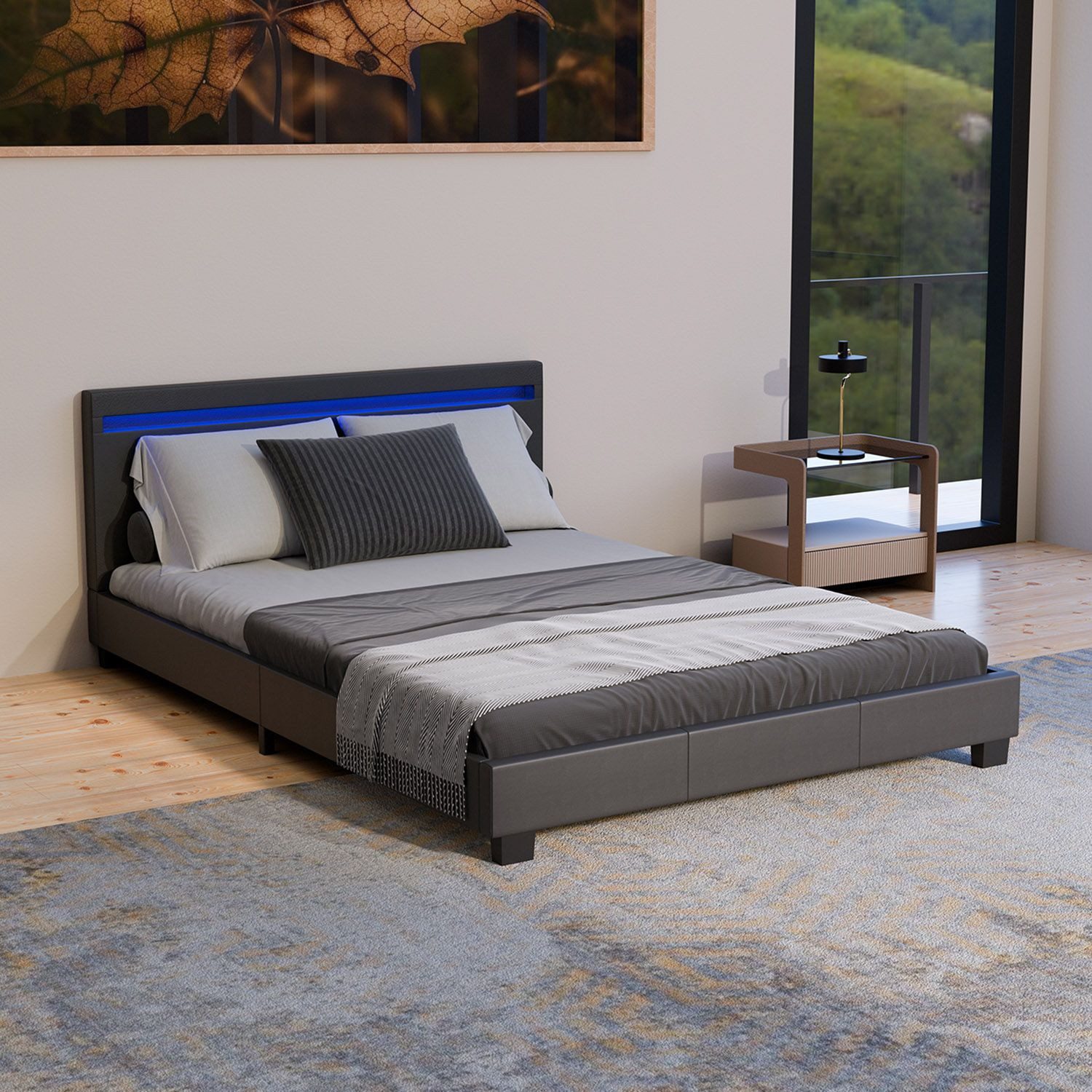 Juskys Polsterbett Paris, 140x200 cm, bunte LED-Beleuchtung, Kunstleder, weiches Kopfteil