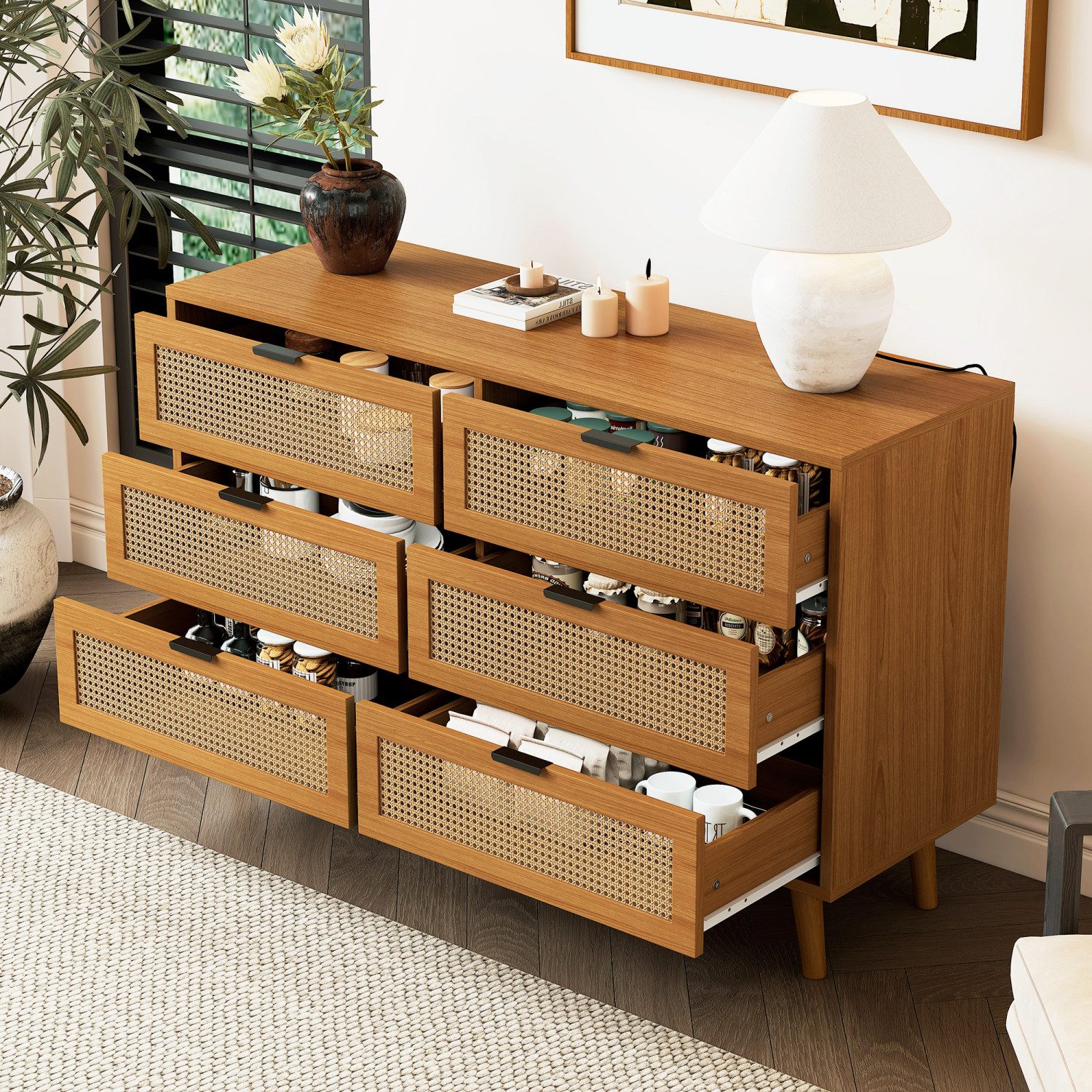 Flieks Kommode mit 6 Schubladen Rattan (B120/H76,5/T40 cm, 1 St), Sideboard Schubkastenkommode Aufbewahrungsschrank, Massivholzbeine
