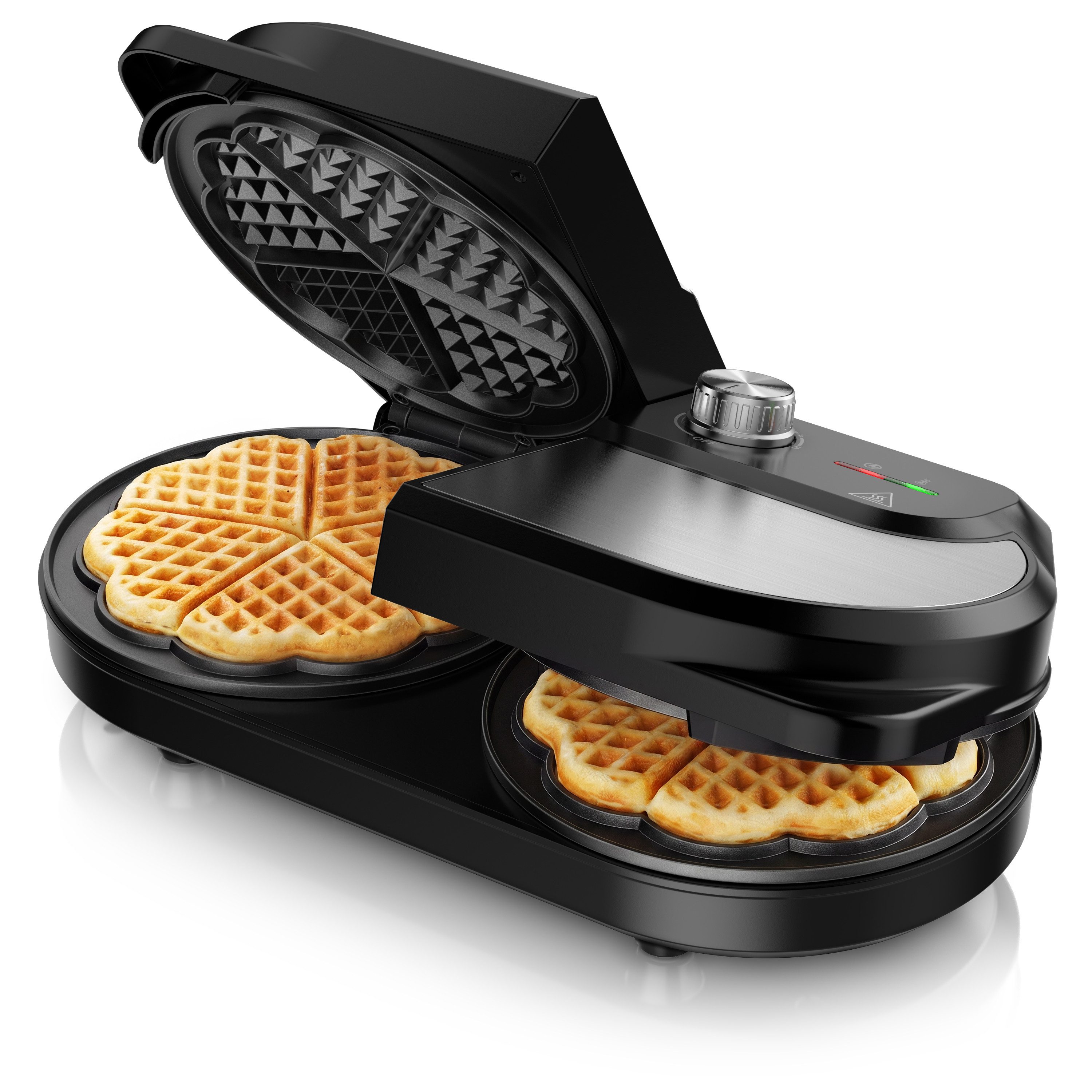 Arendo Waffeleisen Waffeleisen doppelt für 2 Herzwaffeln, 1400 W, Temperaturregler, 1400 W, 2 Zonen, Antihaftbeschichtung, Edelstahl, silber/schwarz, BPA-frei