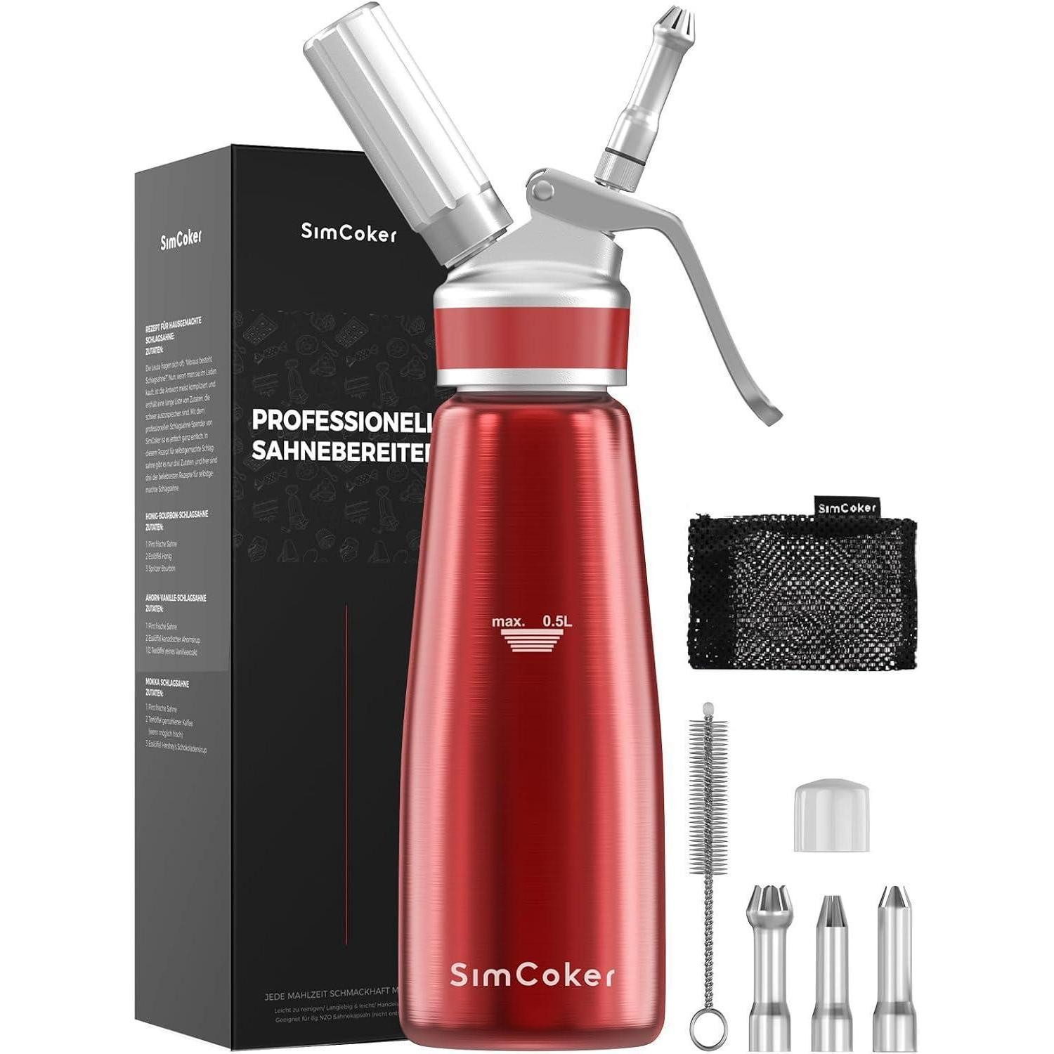 LuxusKollektion Sahnesyphon Sahnespender 500ml Aluminium Spritztüllen Reinigungbürste Rot