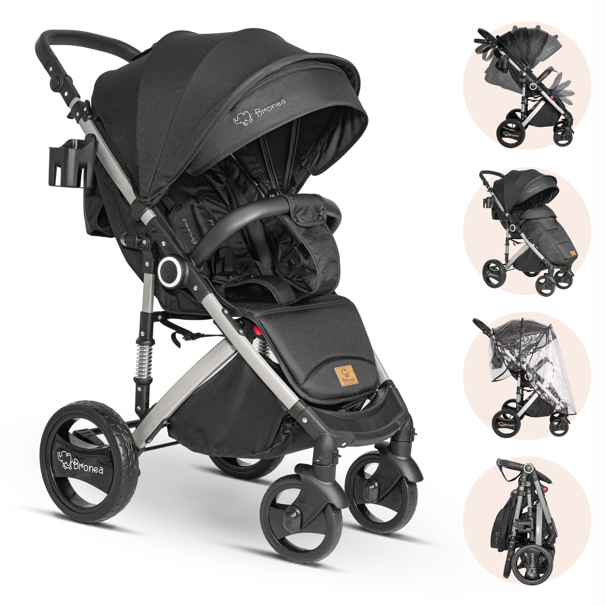 Bronea Kinder-Buggy MAXIME Reisebuggy MIT LIEGEFUNKTION Kinderbuggy klappbar bis 25kg, (5-tlg), Wendige Räder, Leichter Buggy, Verdeck abnehmbar, Großer Korb