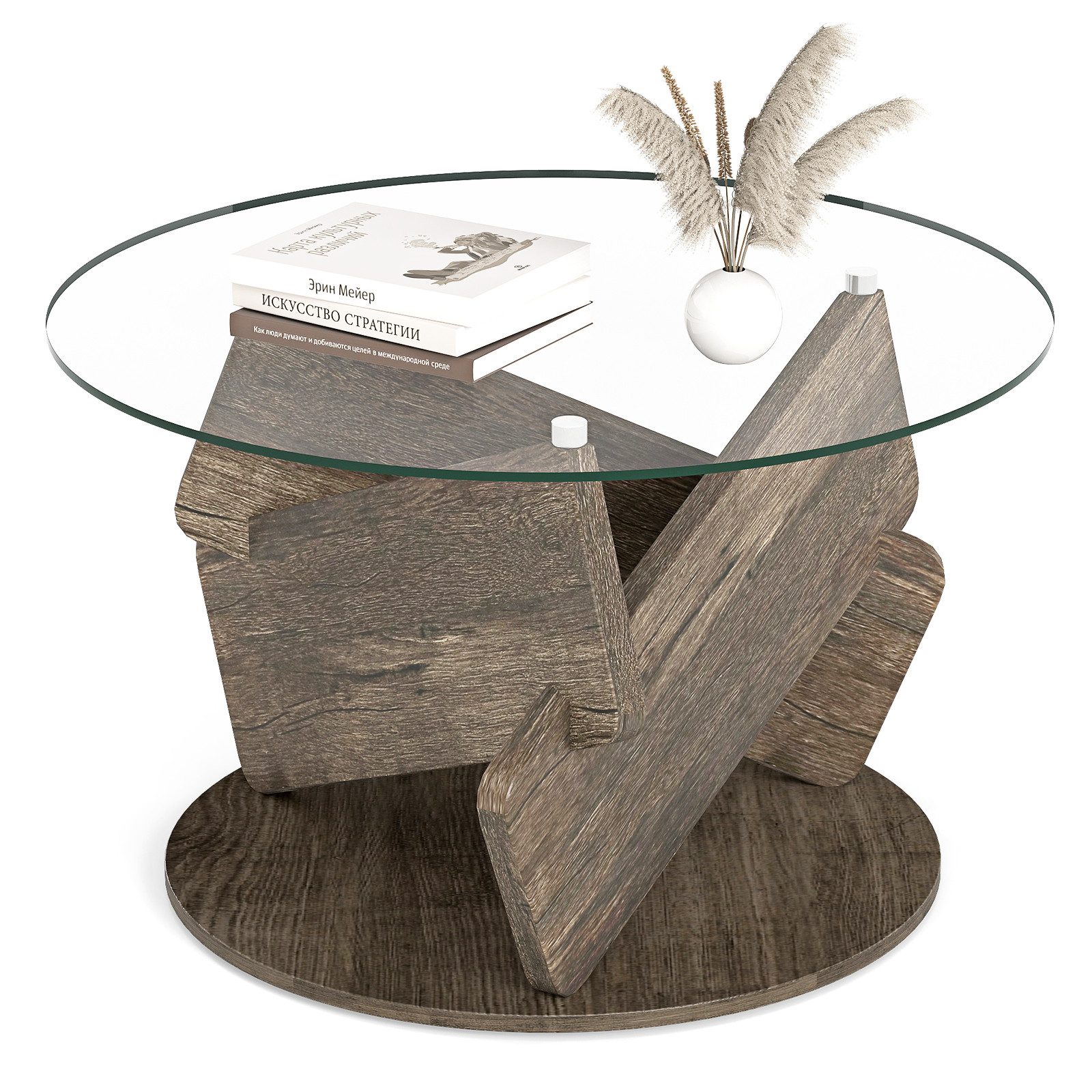 COSTWAY Couchtisch, runder Glastisch, Bestelltisch Massivholz ∅81cm x 49cm