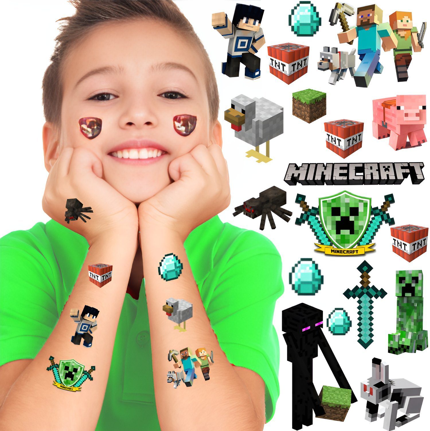 Festivalartikel Kindertattoo MINECRAFT Pixel TNT Kindertattoos Abwaschbar Party Geburtstag Tattoos, 17-tlg.