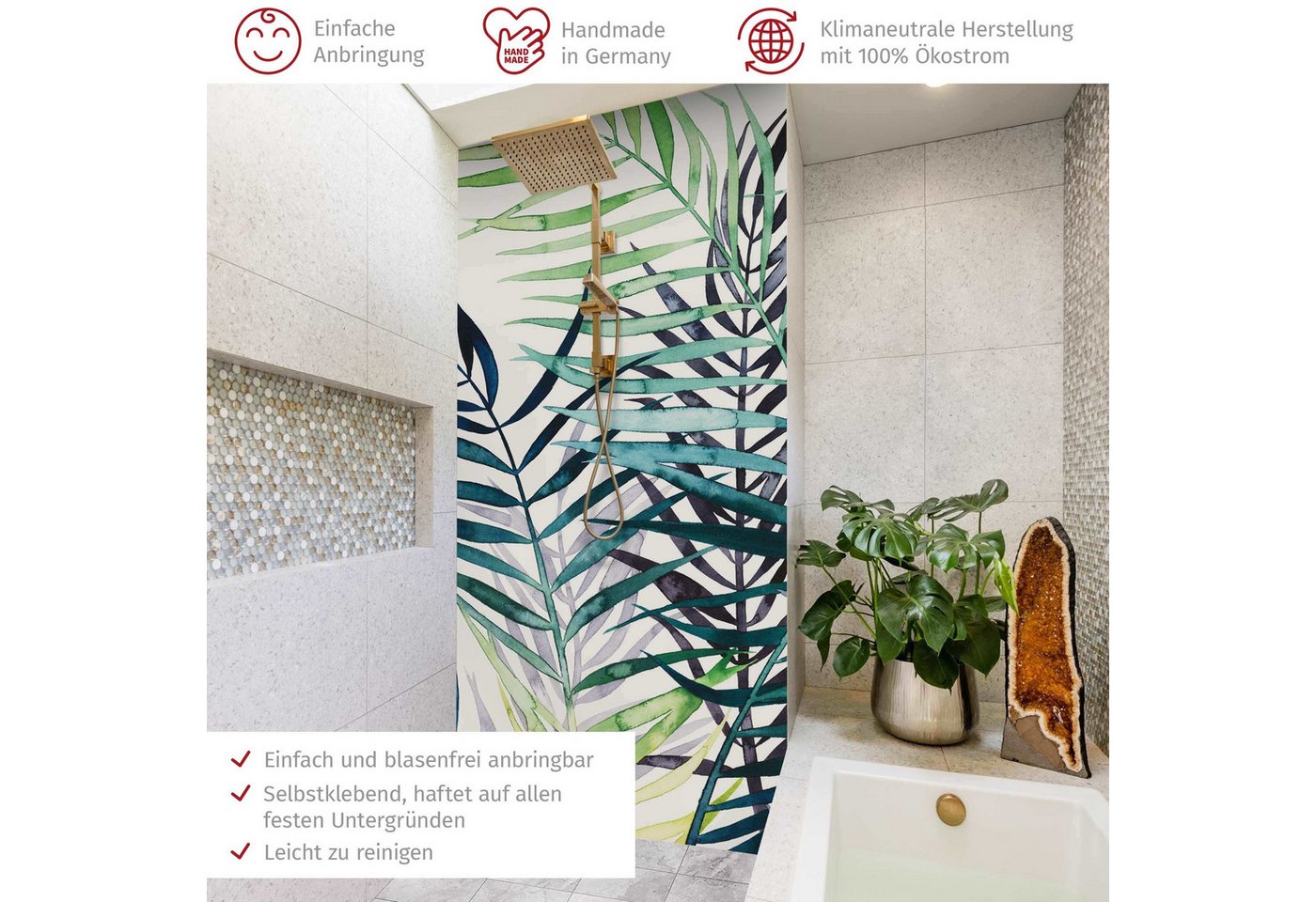 Thumbnail - Bilderdepot24 Badrückwand Palme grün Duschrückwand ohne Bohren Dusche Tropisch, (1-tlg., Hart-Folie Smart matt 0,35 mm),...