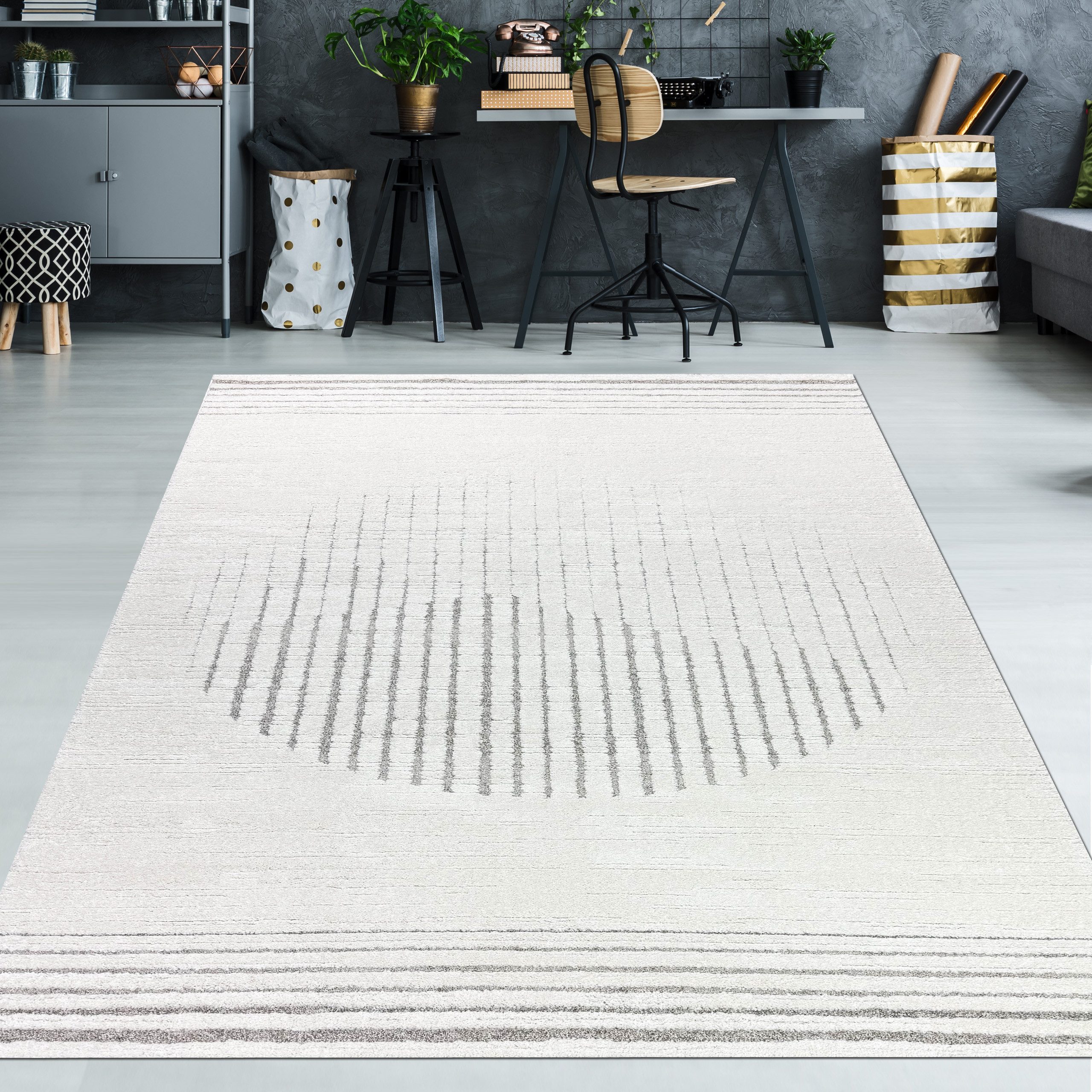 TeppichHome24 Teppich Wohnzimmerteppich mordernes Kreis Design mit strichen, creme beige, rechteckig