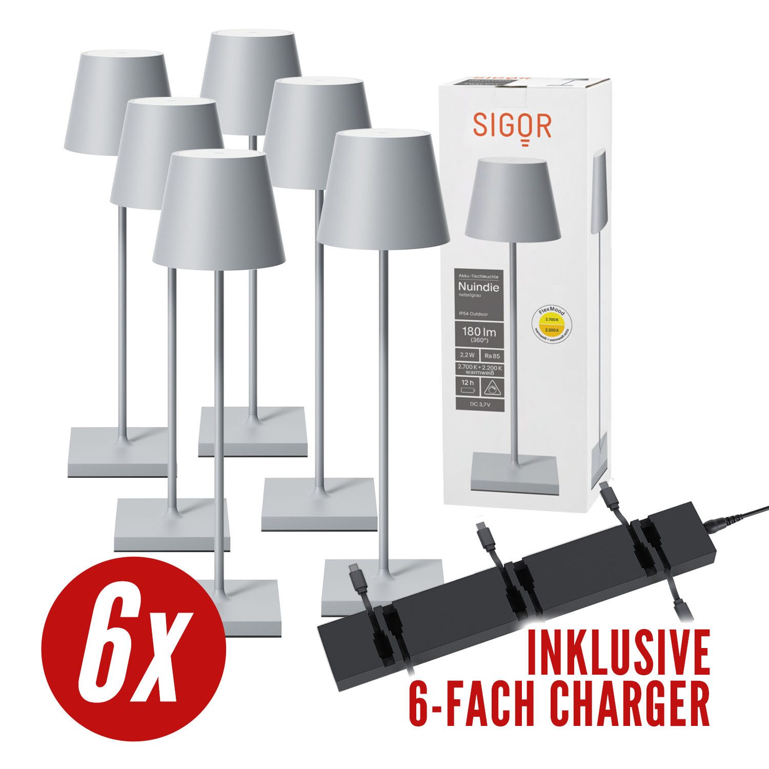 SIGOR LED Tischleuchte 6x Nuindie USB-C 380mm nebelgrau + 1x Charger, Dimmbar, LED fest integriert, Warmweiß