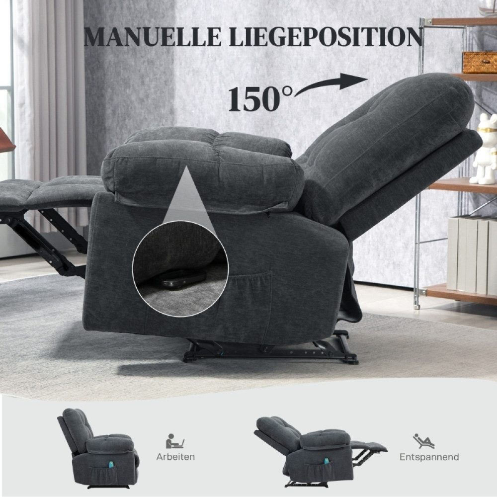 BBG Massagesessel Massage Relaxsessel mit Heizfunktion & Liegefunktion bis 150° (TV Sessel mit 8 Vibrationspunkten), ergonomischer Polstersessel gegen Rückenschmerzen, platzsparend