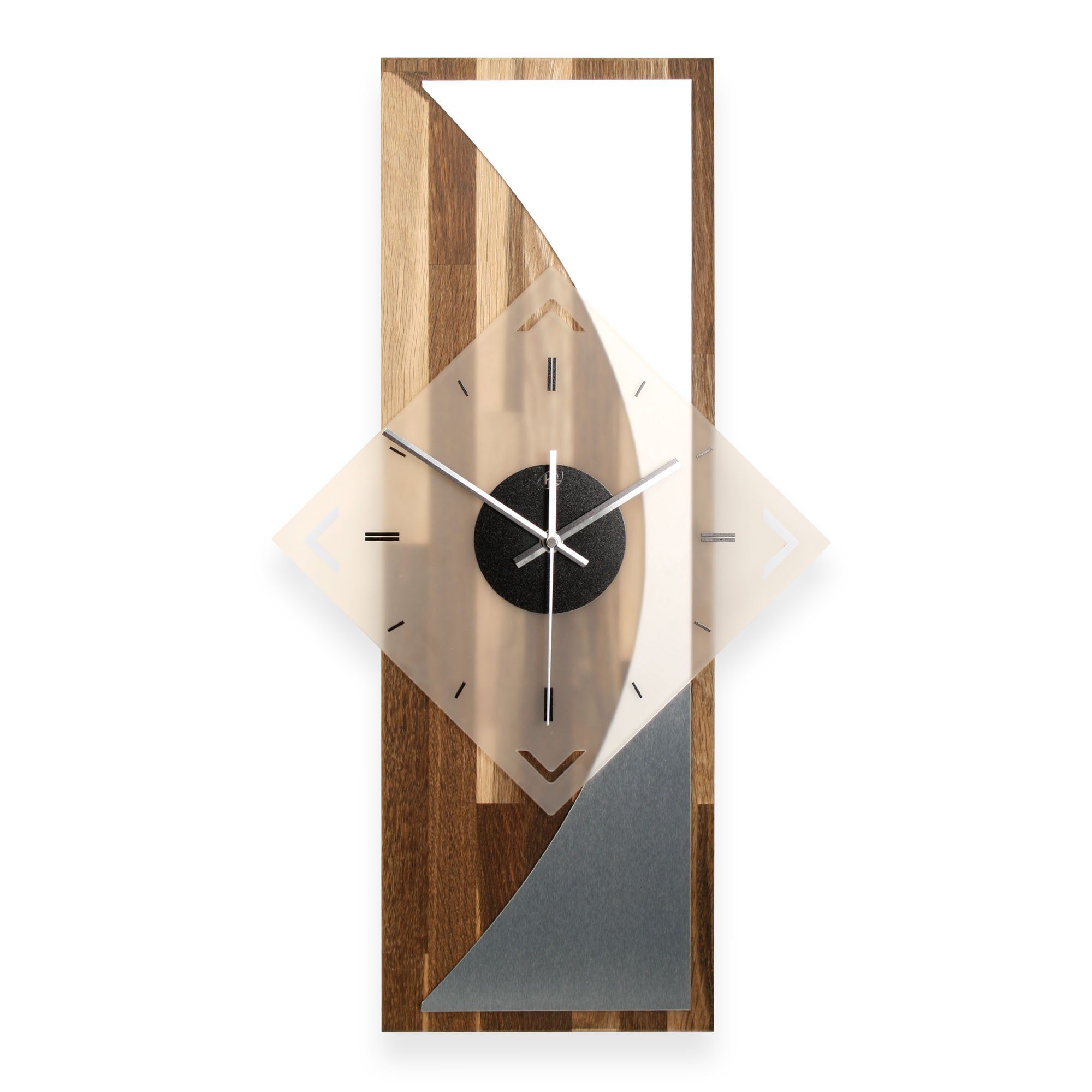 Kreative Feder Wanduhr Designer-WANDUHR aus hochwertigem Massivholz mit Metallic-Look (ohne Ticken; Funk- oder Quarzuhrwerk; elegant, außergewöhnlich, modern) Eiche geräuchert
