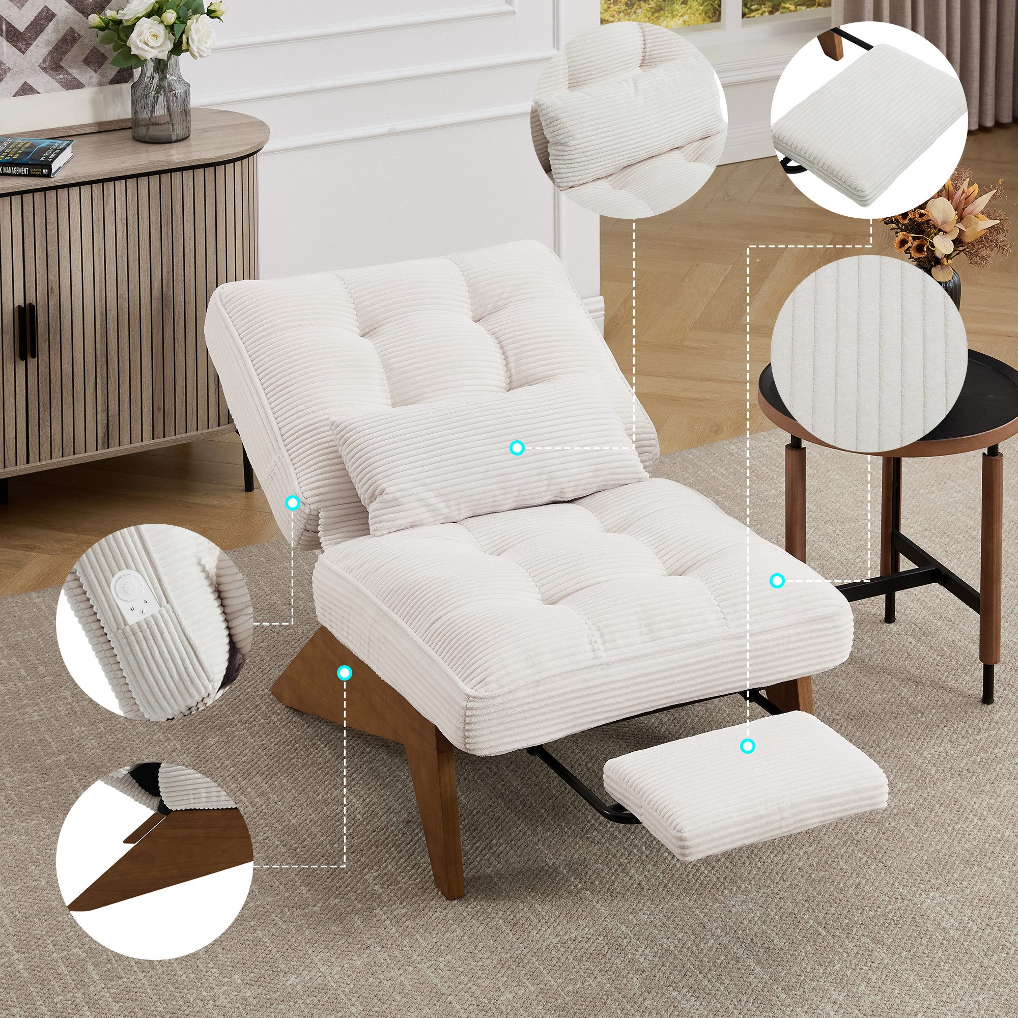 Relaxsessel verstellbarer Loungesessel mit Fußstütze & Lendenkissen, Holzrahmen