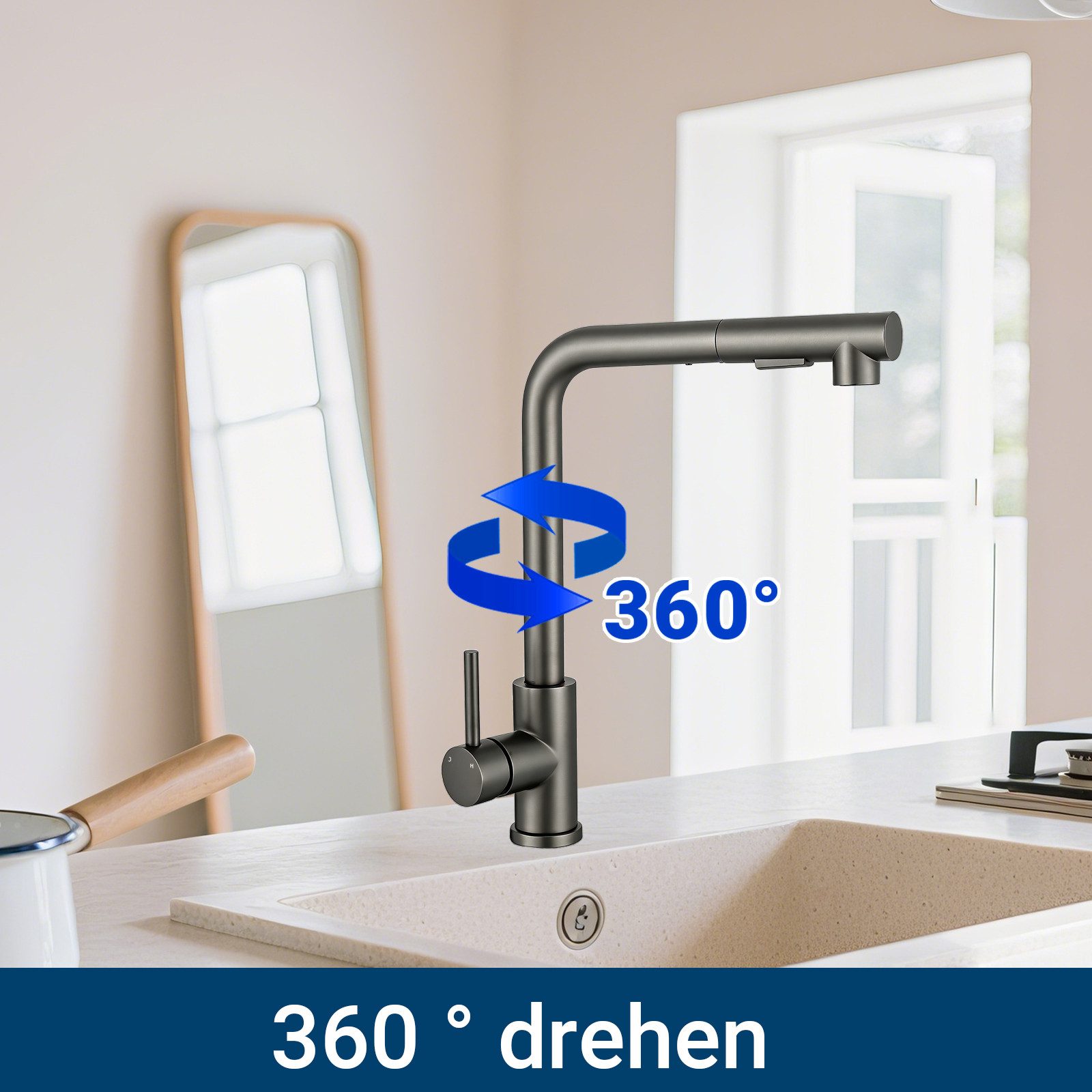 AICA Küchenarmatur Wasserhahn Küche mit Einhand, ausziehbarer Brause für 2 Strahlarten Spültischarmatur mit Einhand & 360° Schwenkfunktion als Hochdruckhahn – Bild 4 von 5