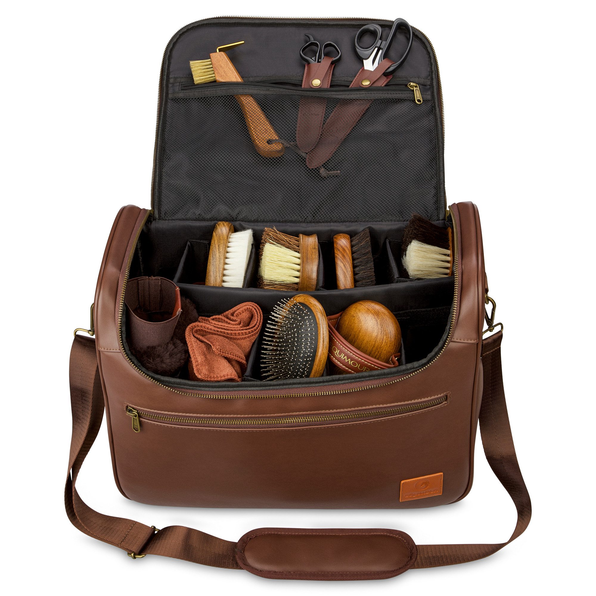 Equimour Pferdebürste Pferde Putzset Premium – Komplettset mit Putztasche & Zubehör, (Premium Set), Premium Set, Putztasche, veganes Leder, flexibel einteilbar
