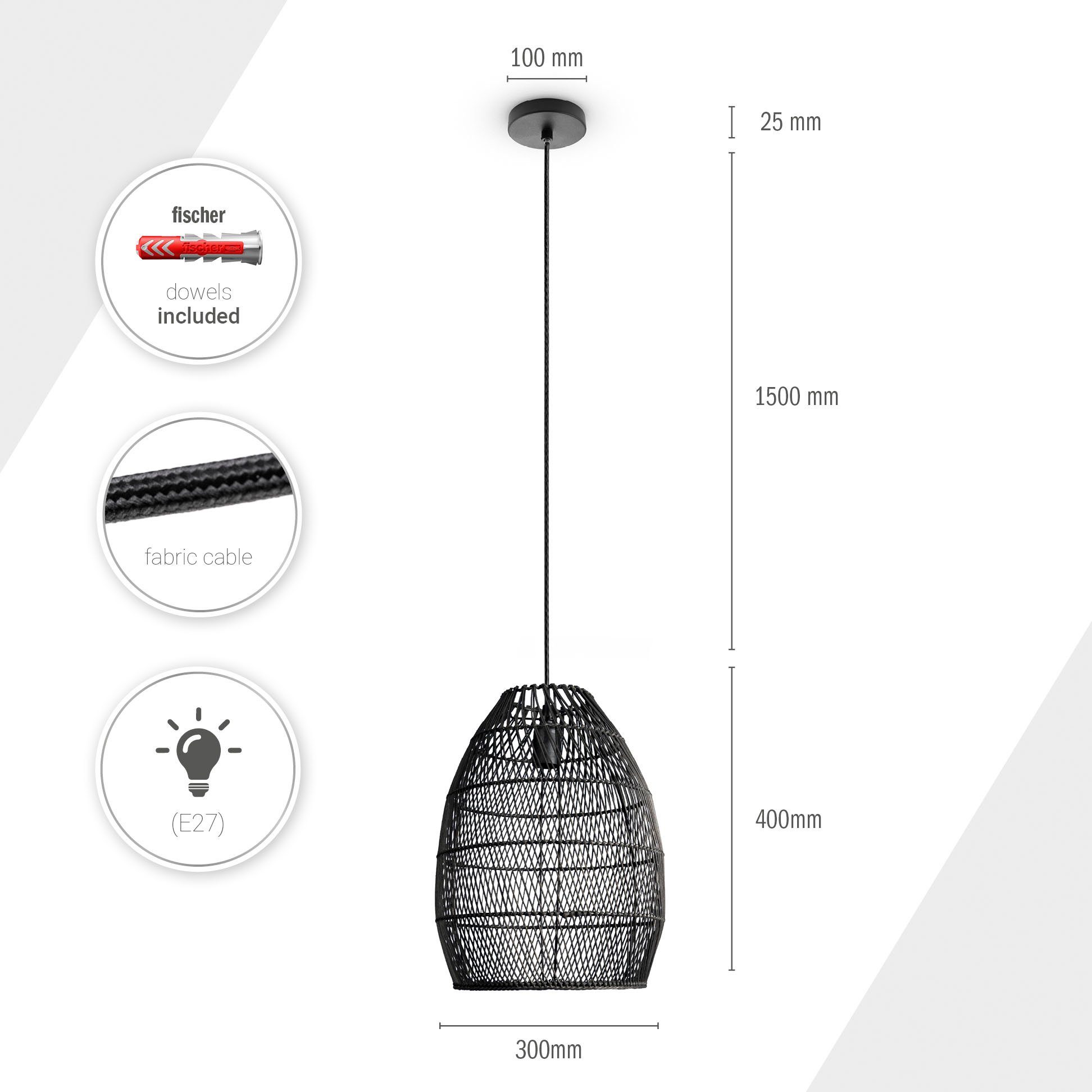 Pendellampe ohne Natürlich LED Korb Leuchtmittel, VIHMA, Boho Esstischlampe E27 Home Rustikal Rattan Pendelleuchte Paco