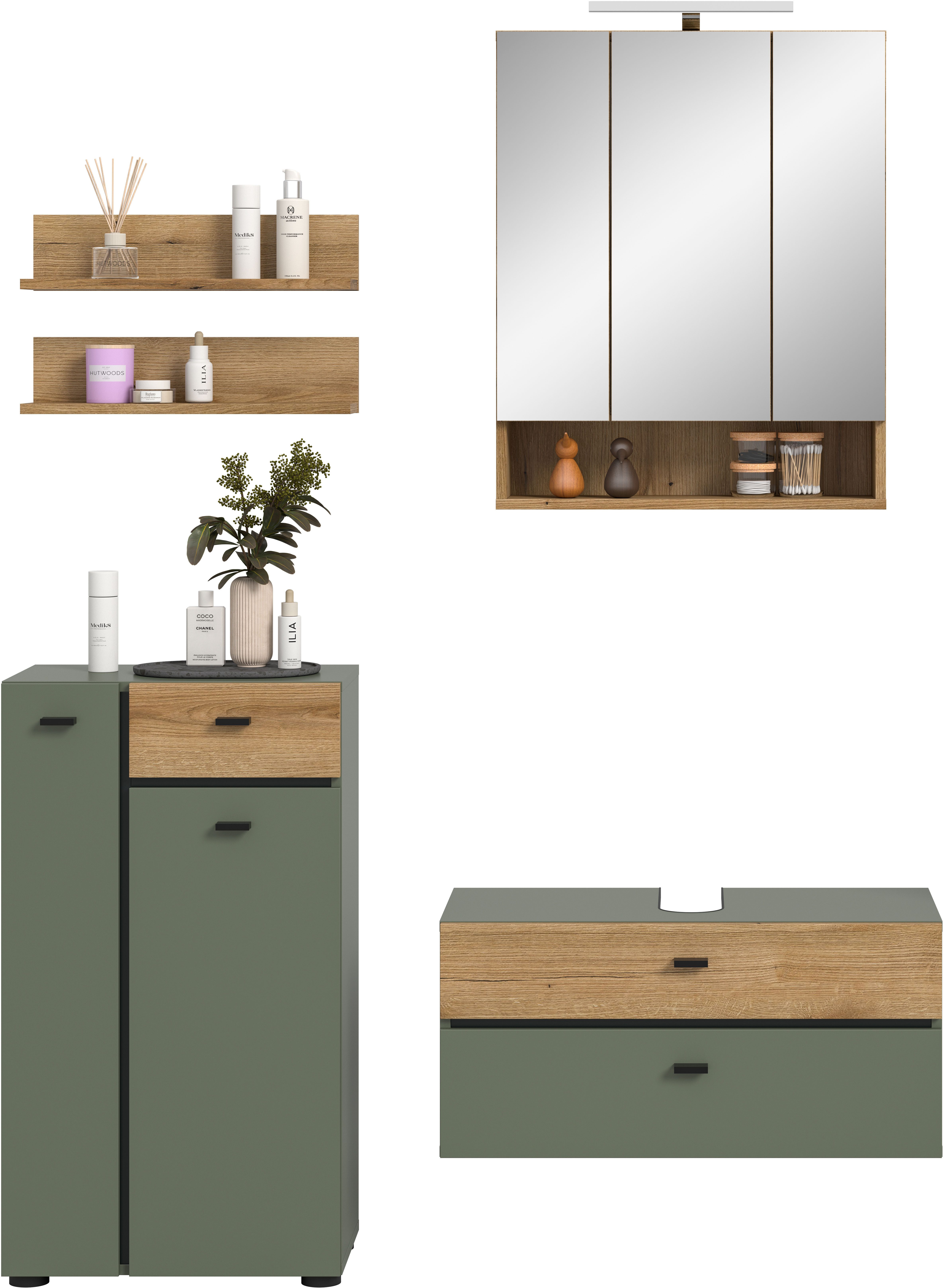 welltime Badmöbel-Set VANN, 5-teilige moderne Badkombination, inkl. Beleuchtung, (5-St., Midischrank, 2er Set Wandregal, Waschbeckenunterschrank,Spiegelschrank), Bad-Kombination, Bad-Möbel, Badezimmer, Kombination, Kombi, Bad-Set