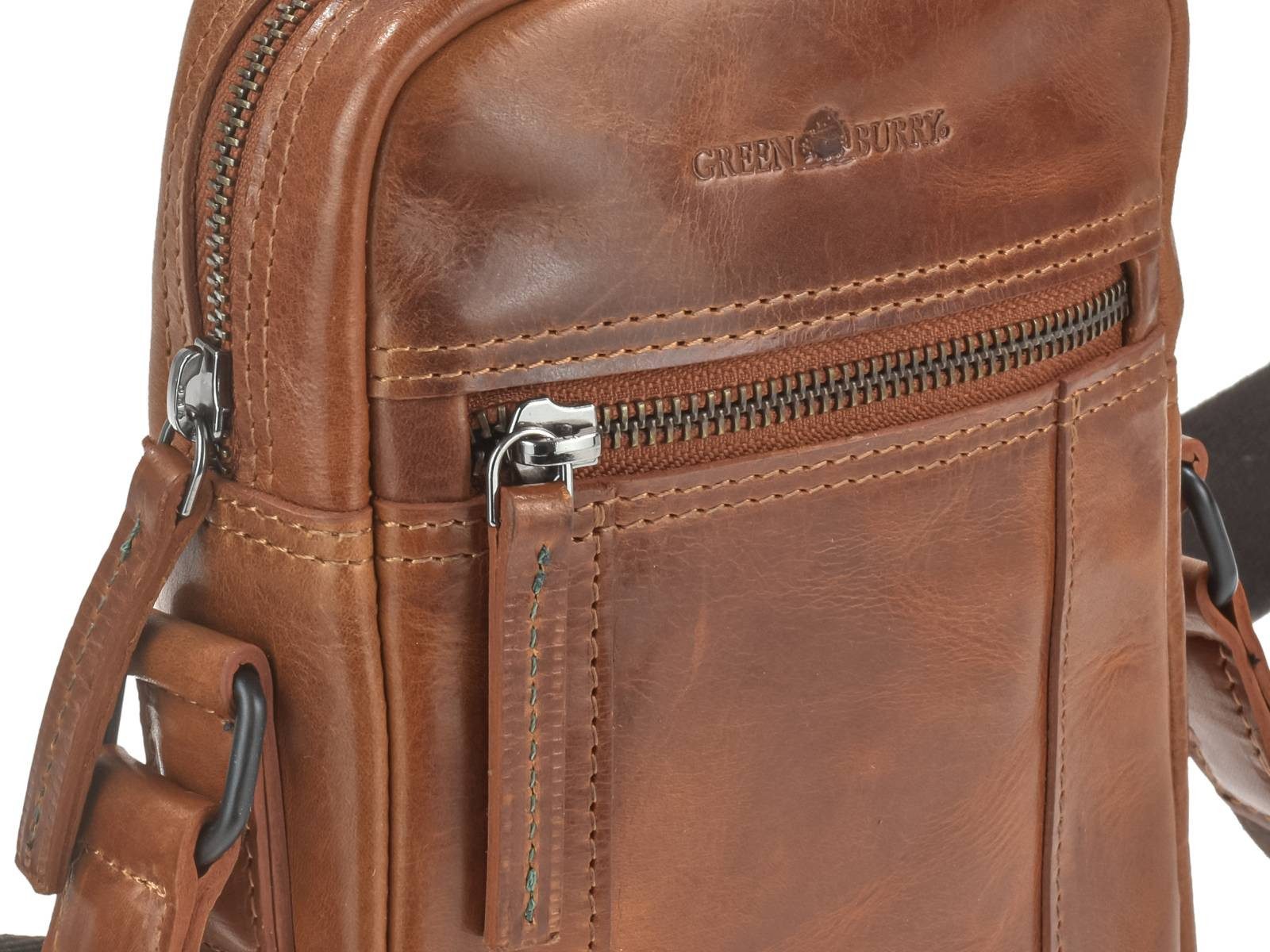 Greenburry Umhängetasche "Newport" Leder Tasche kleine Herrentasche Umhänger 17x20cm, Hauptfach 14x18cm, 145cm Schultergurt