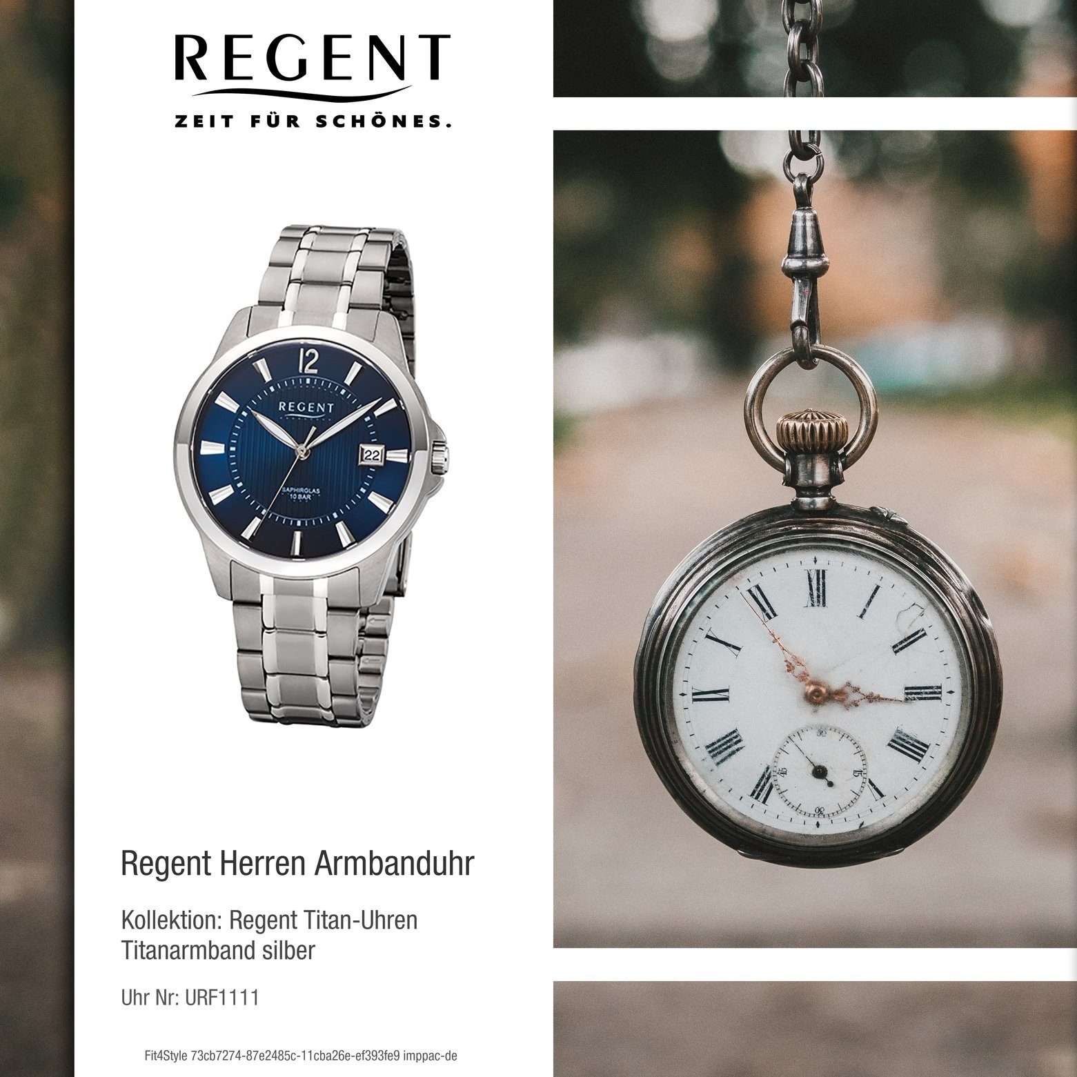 Quarzuhr (ca. Herren rund, Titanarmband mittel silber Armbanduhr 39mm), grau, Regent Regent Herren-Armbanduhr