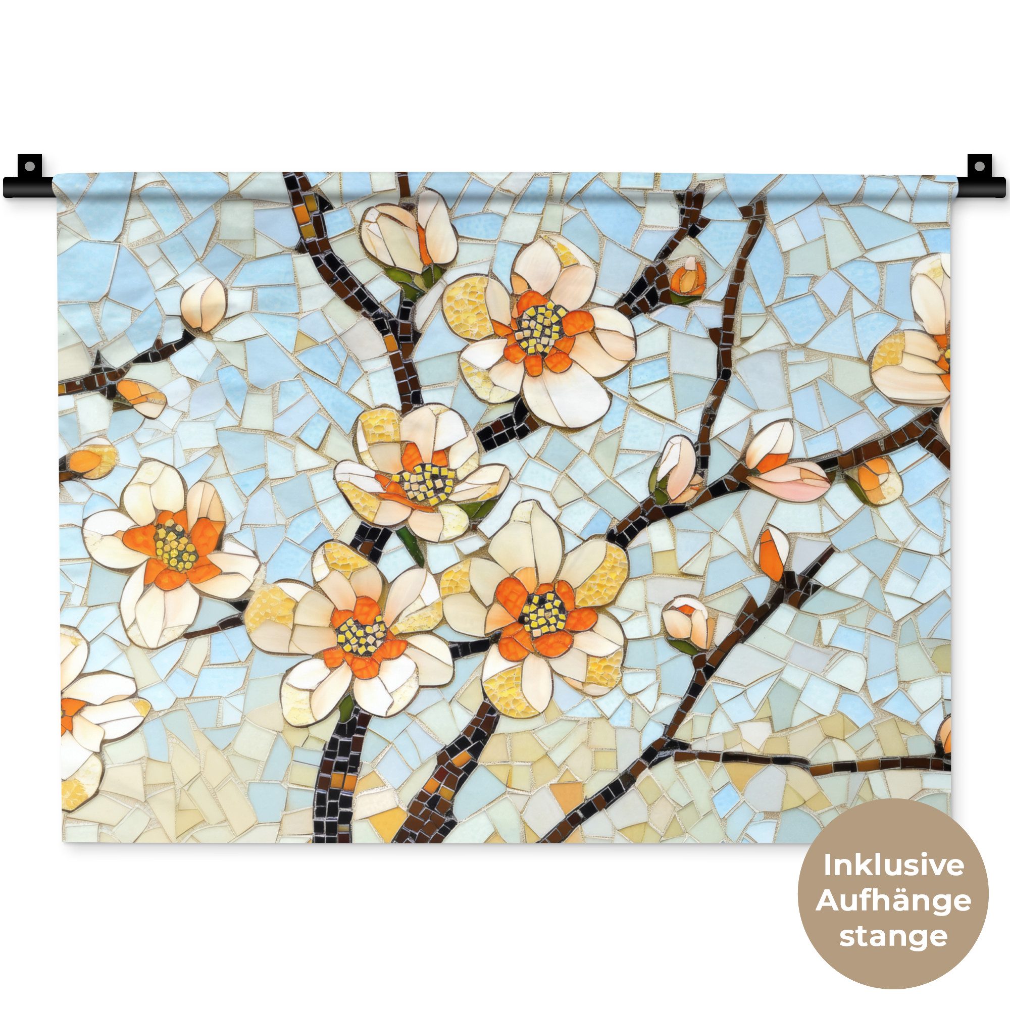MuchoWow Wandteppich Blüten - Weiß - Mosaik - Zweig, Rechteckig, Höhe: 3 mm, Wanddeko Teppich Wohnzimmer, Schlafzimmer, 60x45 cm