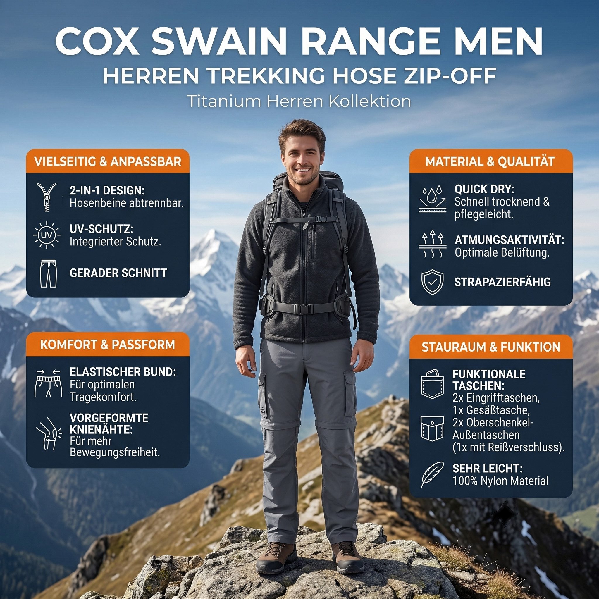 Cox Swain Trekkinghose Herren Outdoor‑Funktionshose, atmungsaktiv, schnelltrocknend leicht • robust • viele Taschen