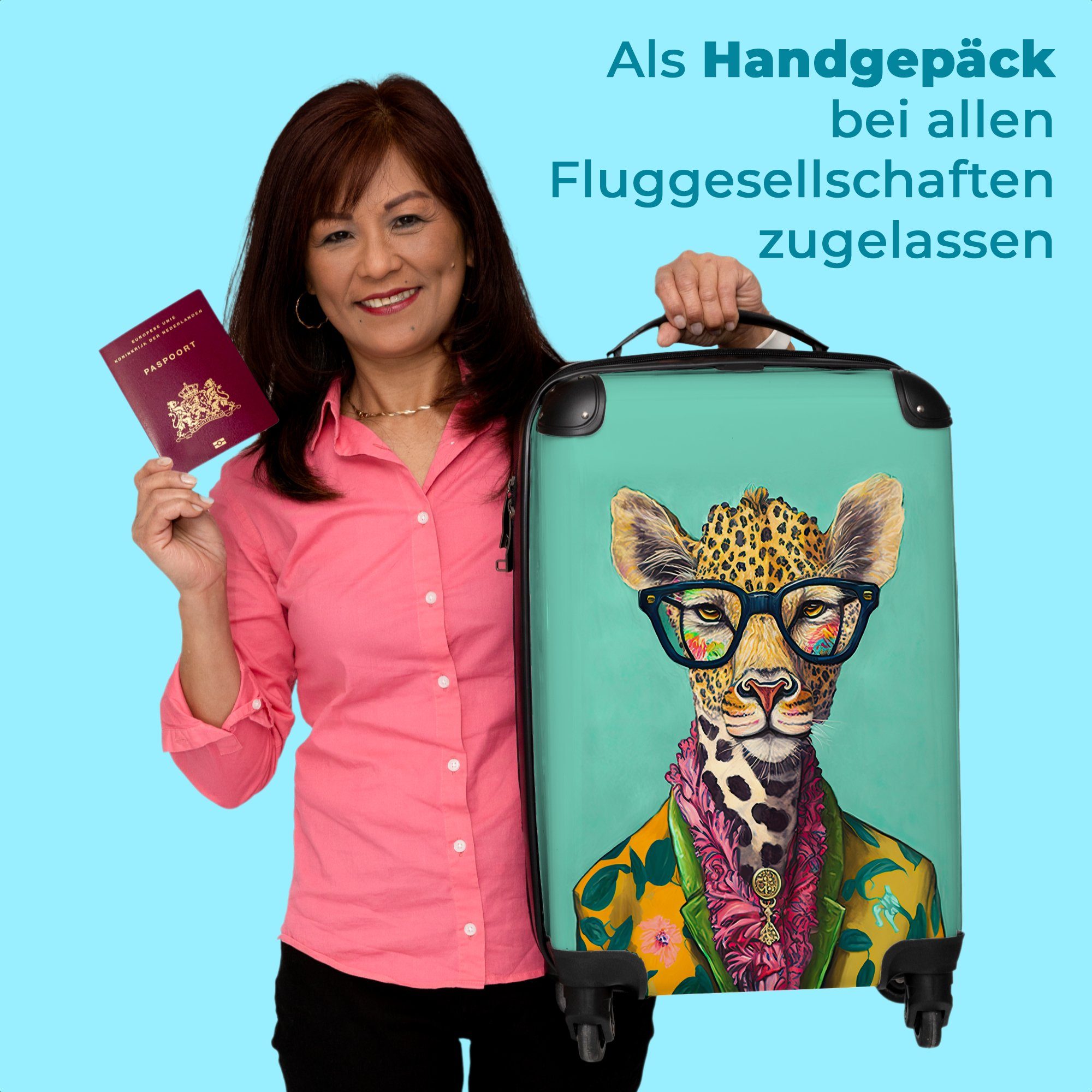 NoBoringSuitcases.com© Handgepäckkoffer - - mit Blätter Kleine Trolley Cabin Reisekoffer 4 Rollkoffer Brille Giraffe Rollen - - Rollen, Design, - Tiere 4 55x35x20cm Handgepäck