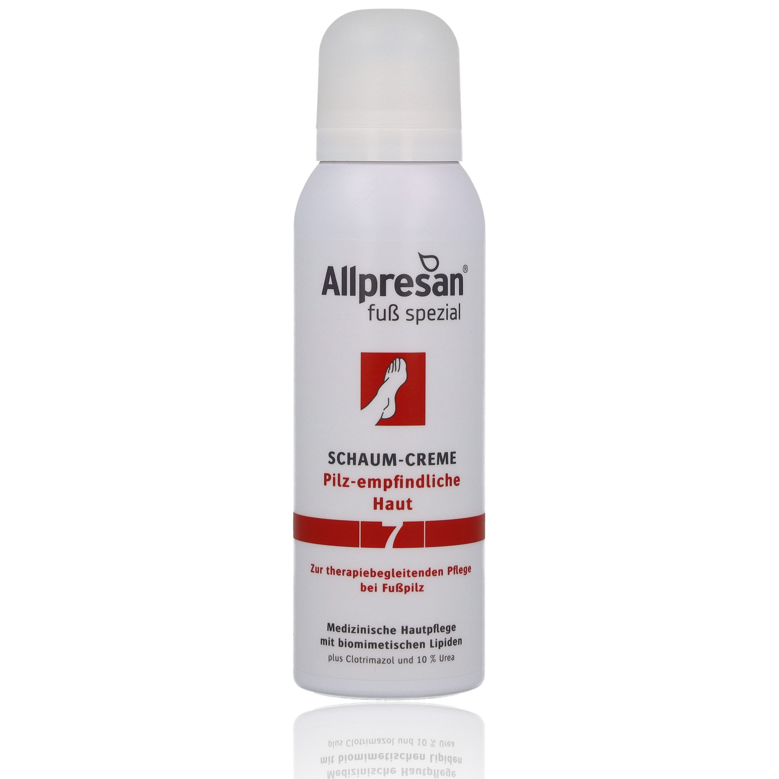 Allpresan Fußschaum Allpresan Fuß spezial Nr. 7 Schaum-Creme Pilzempfindliche Haut 125ml Mit 10% Urea, Glycerin und biomimetischen Lipiden, 1-tlg., Mit Clotrimazol zur therapiebegleitenden Pflege bei Fußpilz