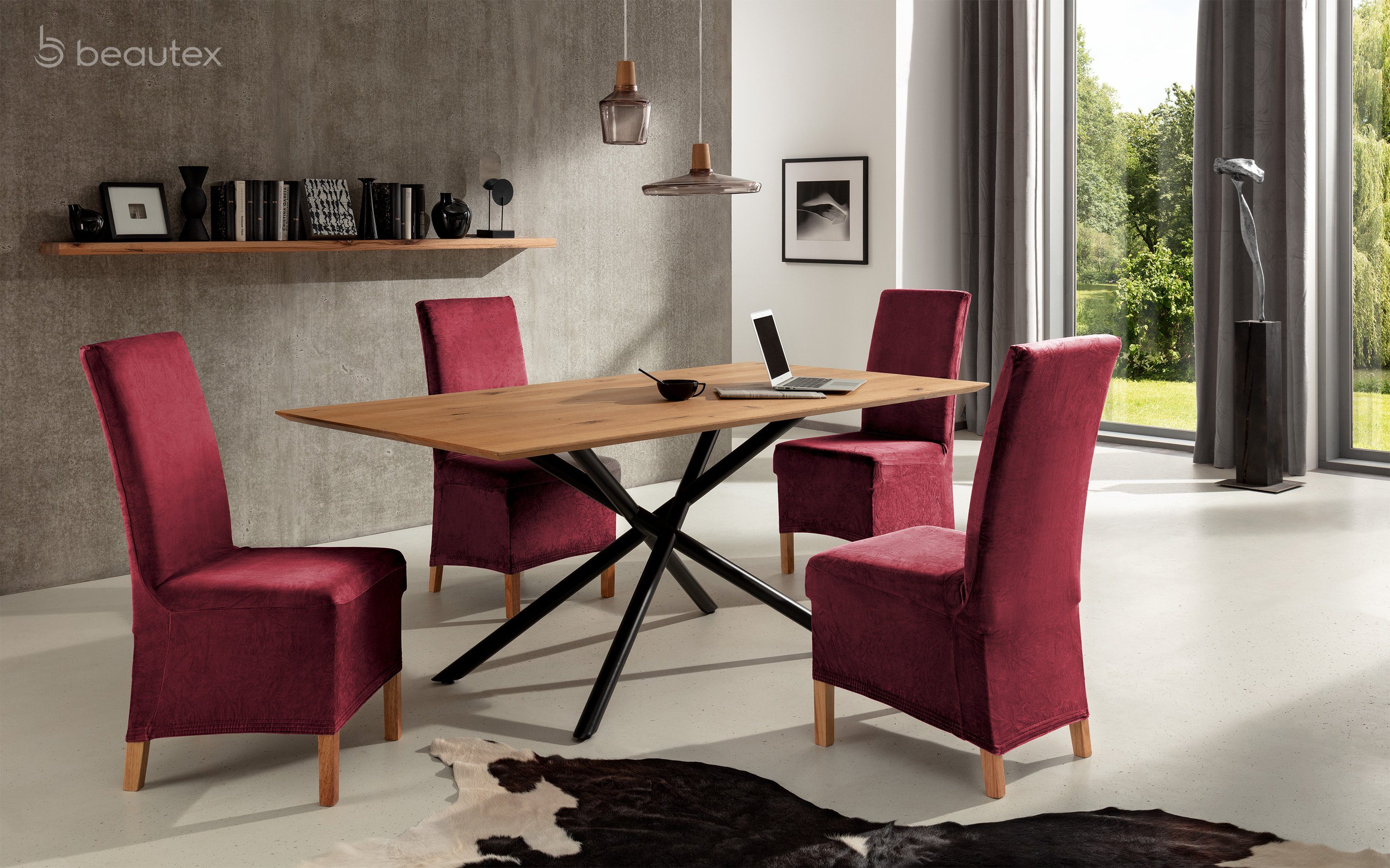 Beautex Stuhlhusse Eva Stuhlhussen Lang, Samt Stuhlbezug, elastische Stretch Husse