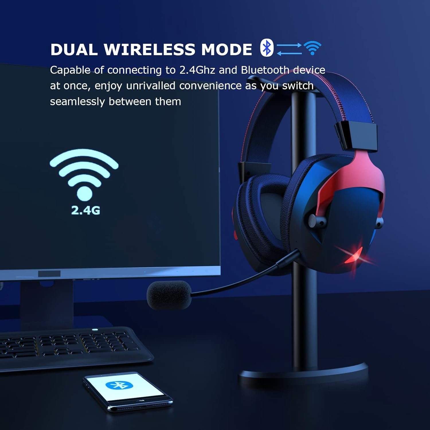 BL200 und (Kabelloser Gaming-Headset Kabelmodus) Acinaci RGB Noise-Cancelling-Mikrofon Bluetooth, mit Kopfhörer, mm LED-Licht, 3,5