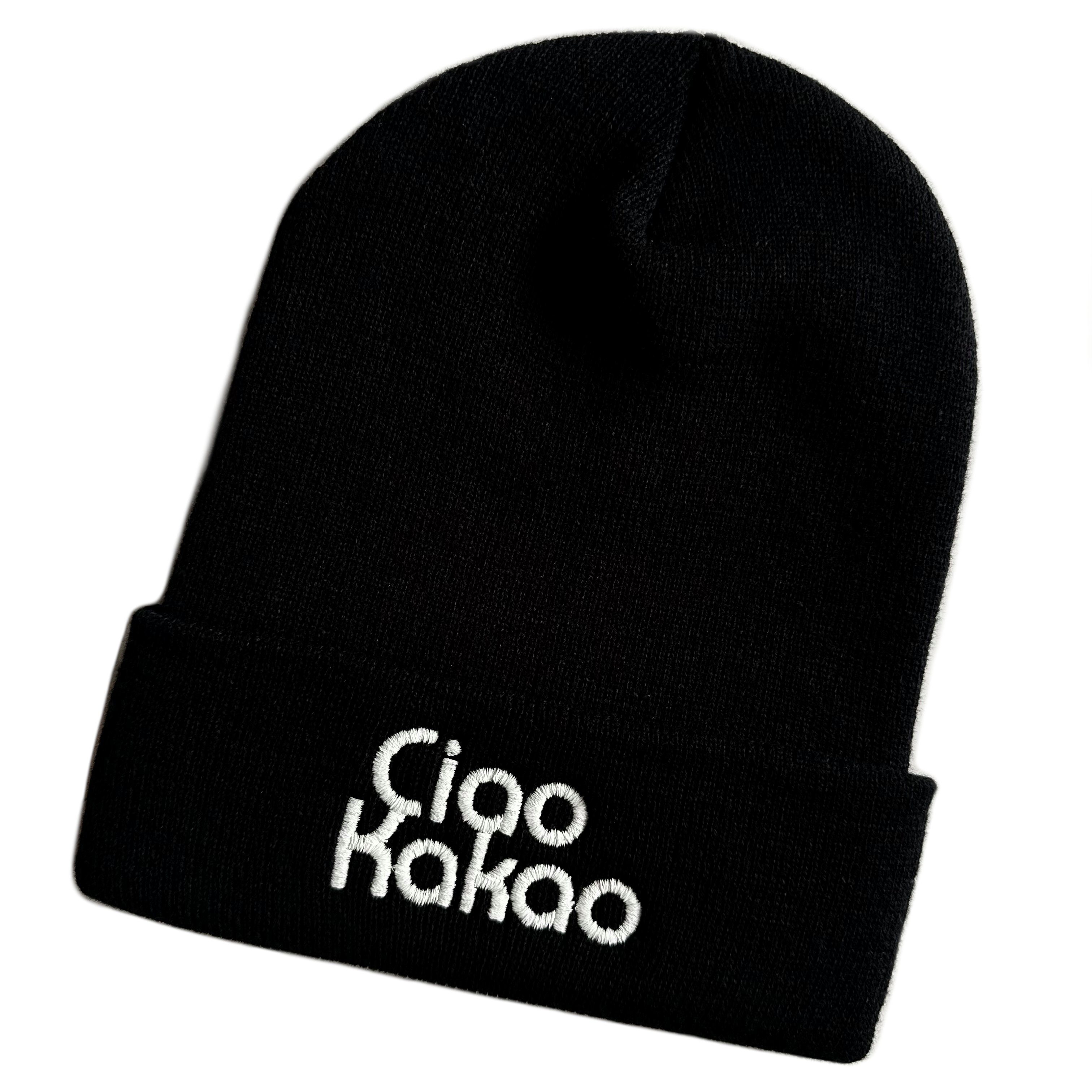 Schnoschi mit Mütze Umschlag Streetwear Ciao Strickmütze Unisex Kakao bestickt breitem Beanie Spruch Wintermütze