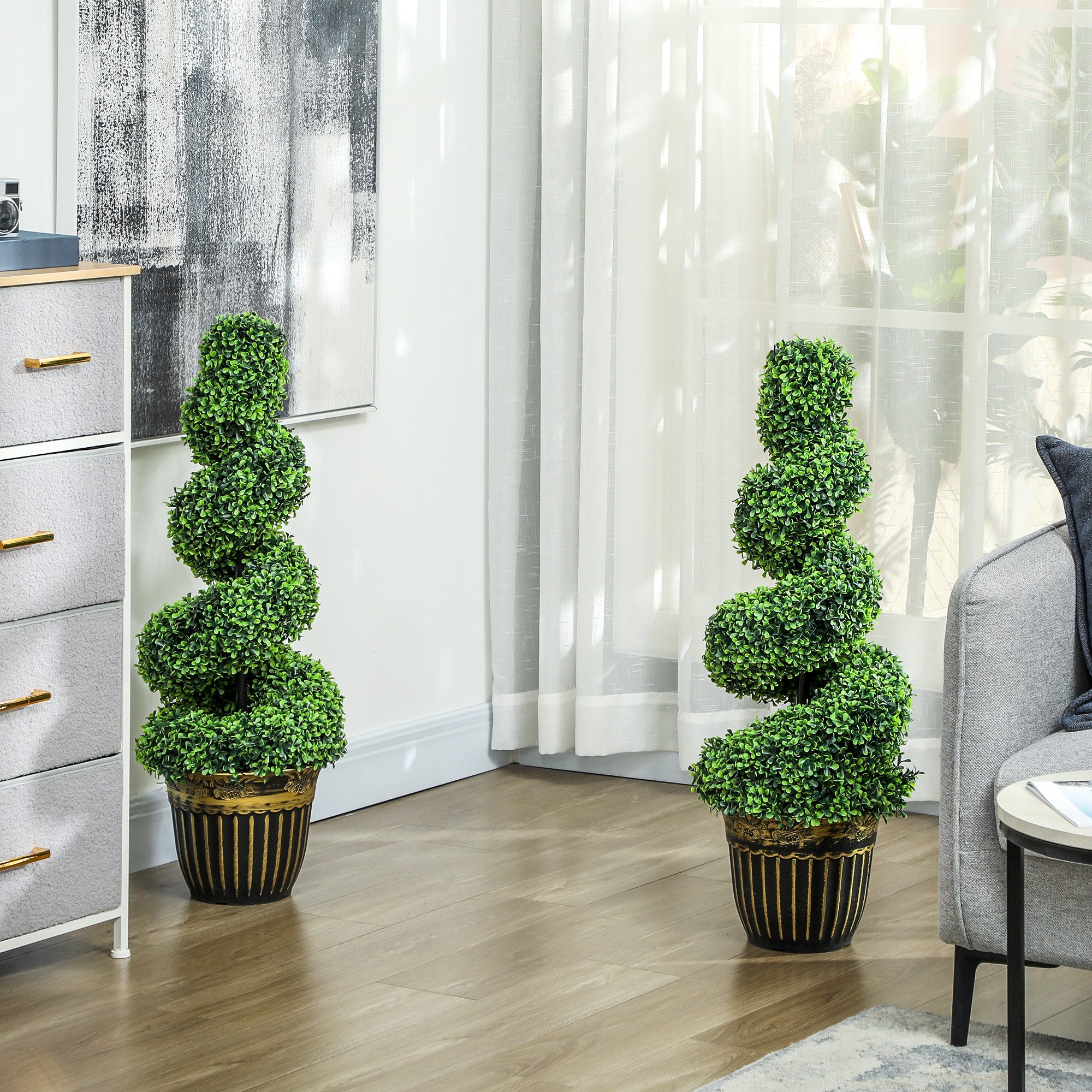 Kunstpflanze 2er Set Plastik Künstliche Pflanzen im Topf, Kunstbaum Fake Plant Spiralförmiger Buchsbaum, HOMCOM, Höhe 90 cm, für Zuhause, Büro oder den Außenbereich, Grün
