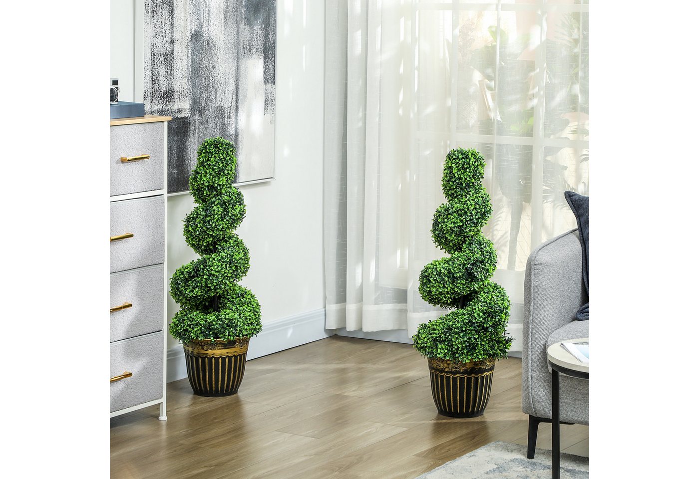 Kunstpflanze 2er Set Plastik Künstliche Pflanzen im Topf, Kunstbaum Fake Plant Spiralförmiger Buchsbaum, HOMCOM, Höhe 90 cm, für Zuhause, Büro oder den Außenbereich, Grün