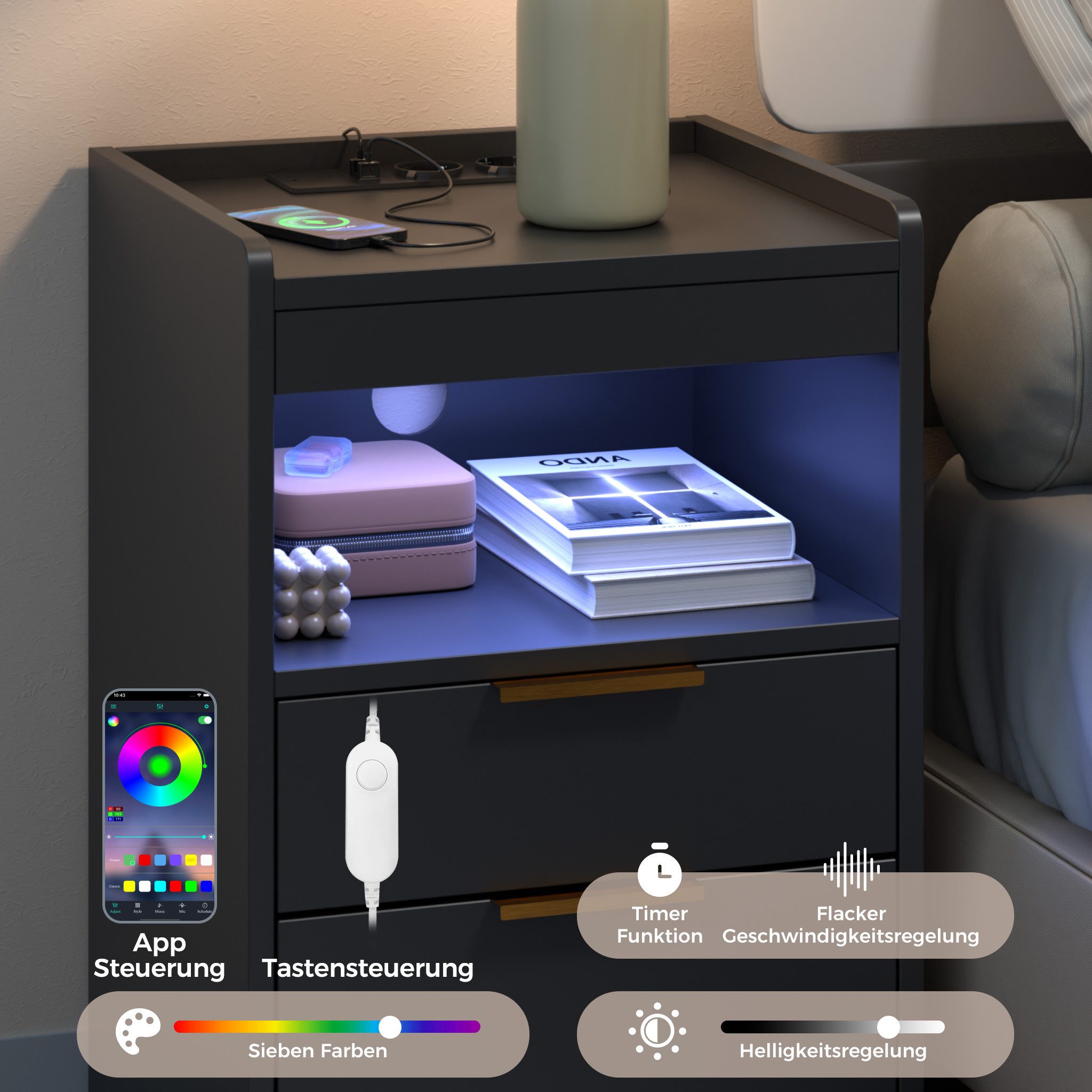 Mondeer Nachttisch (2 St) LED Nachtkommode (Beistelltisch mit Steckdosen), mit LED-Beleuchtung & 2 USB Ladestation, 3 Schubladen – Bild 5 von 5