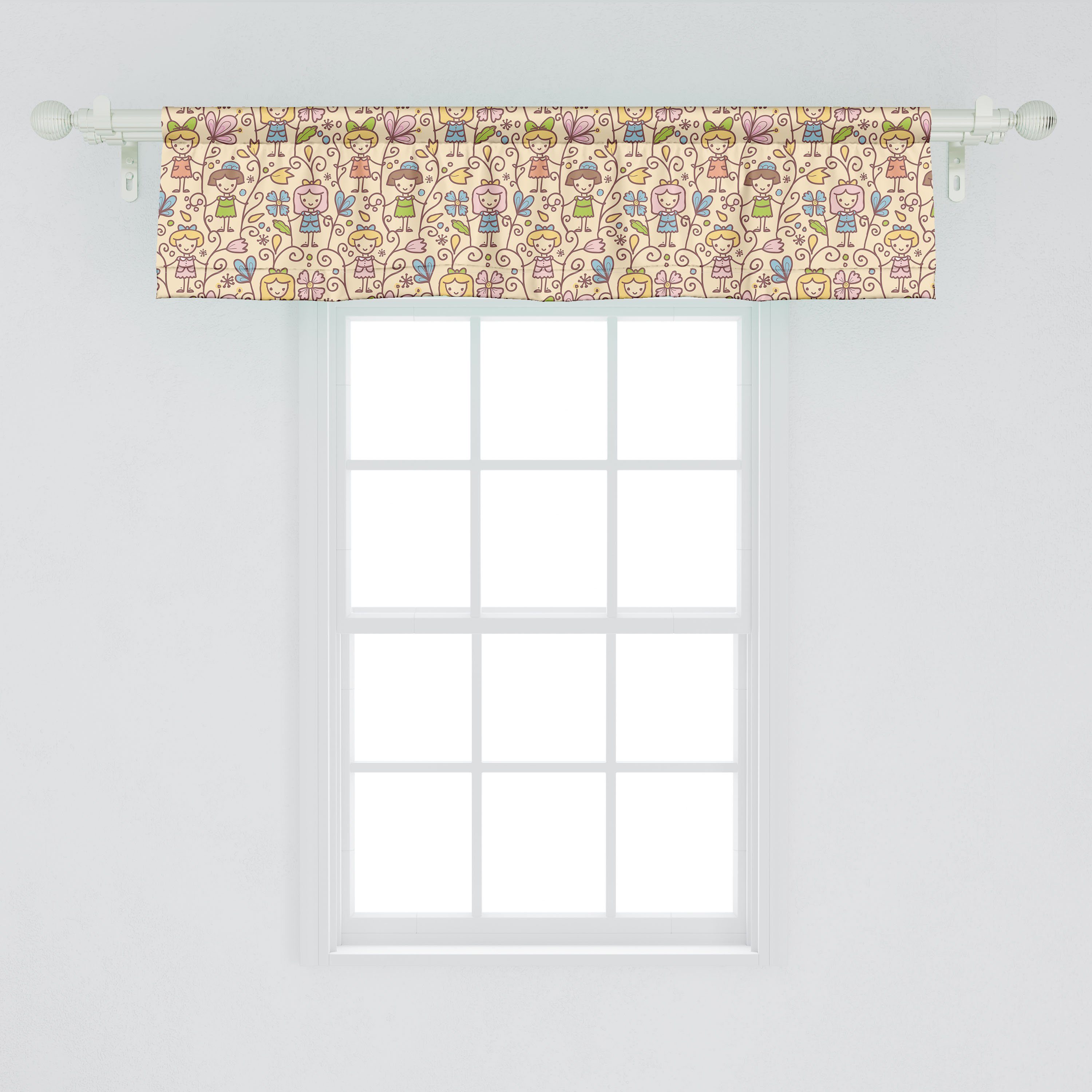 Scheibengardine Vorhang Volant Kindergarten Stangentasche, Mädchen-Blumenwirbel mit Glückliche für Küche Dekor Abakuhaus, Schlafzimmer Microfaser