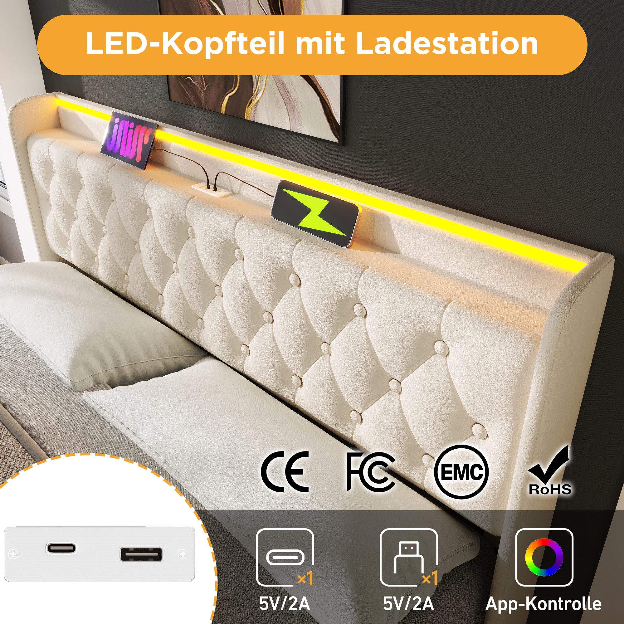 TavilaEcon Boxspringbett mit gepolstertem Kopfteil, 360° LED, USB Typ-C, hydraulischem Stauraum (1-St), mit rutschfesten Streifen