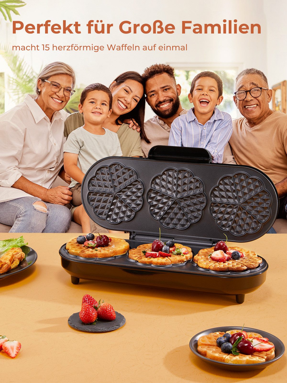 FOHERE Waffeleisen King Size Waffeleisen, 15 Herzwaffeln in 2 Minuten, 1200 W, Antihaftbeschichteten Backflächen für Herzwaffeln, Backampel