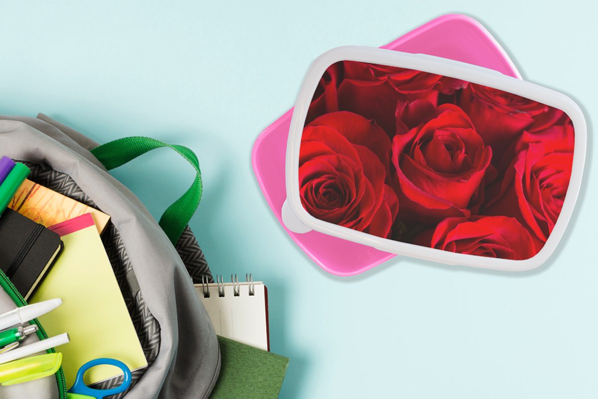 MuchoWow Lunchbox Rosen - Rot Kinder, für rosa Kunststoff Brotdose Mädchen, Brotbox - Snackbox, (2-tlg), Erwachsene, Blume, Kunststoff