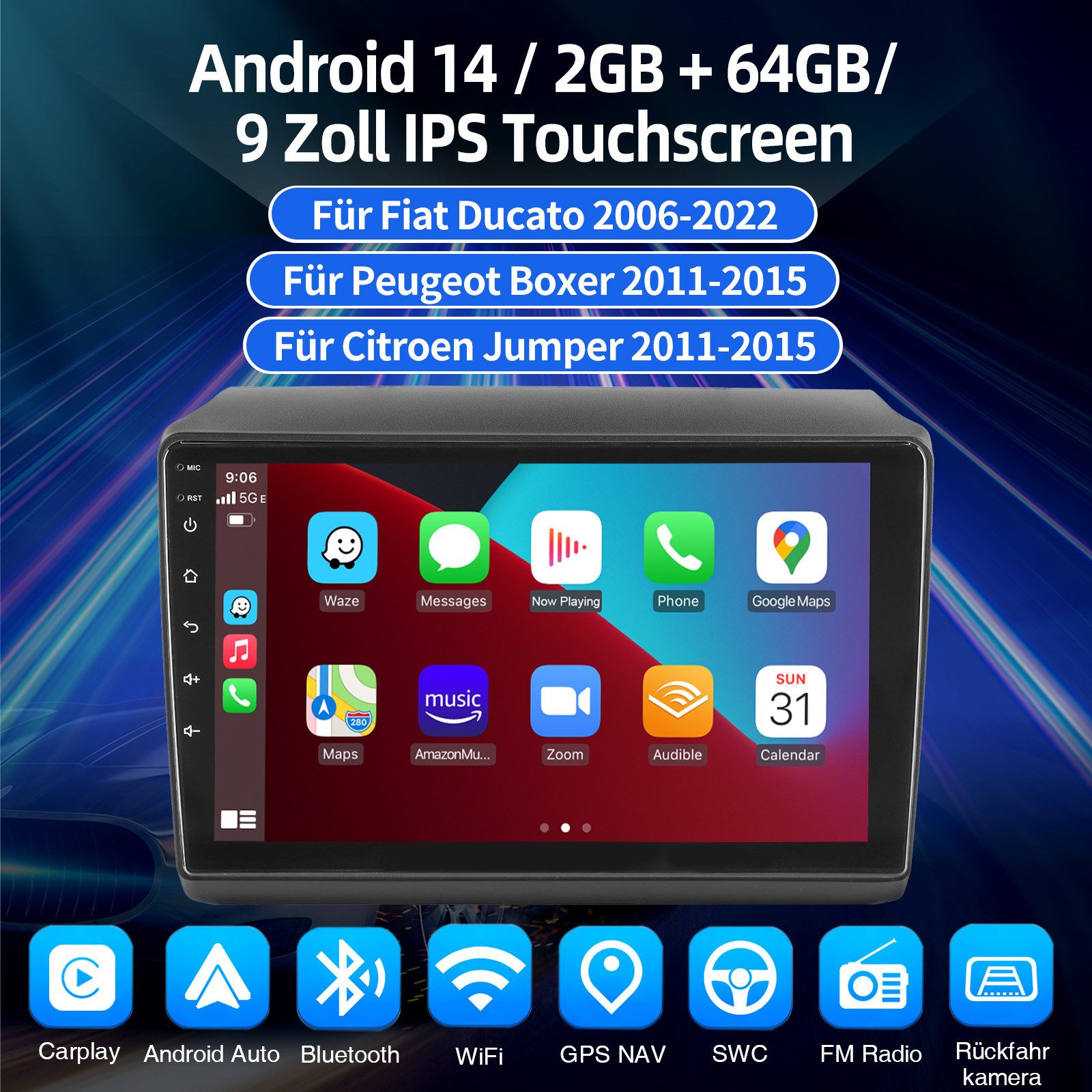 ESSGOO DAB+ 64G Android 15 Für Fiat Ducato 2006-2022 GPS Navi WiFi Carplay Autoradio (RDS, 4+64GB(optional), Digitalradio (DAB), FM, AM, Carplay Android Auto Bluetooth EQ USB GPS Navi WIFI Touchscreen)