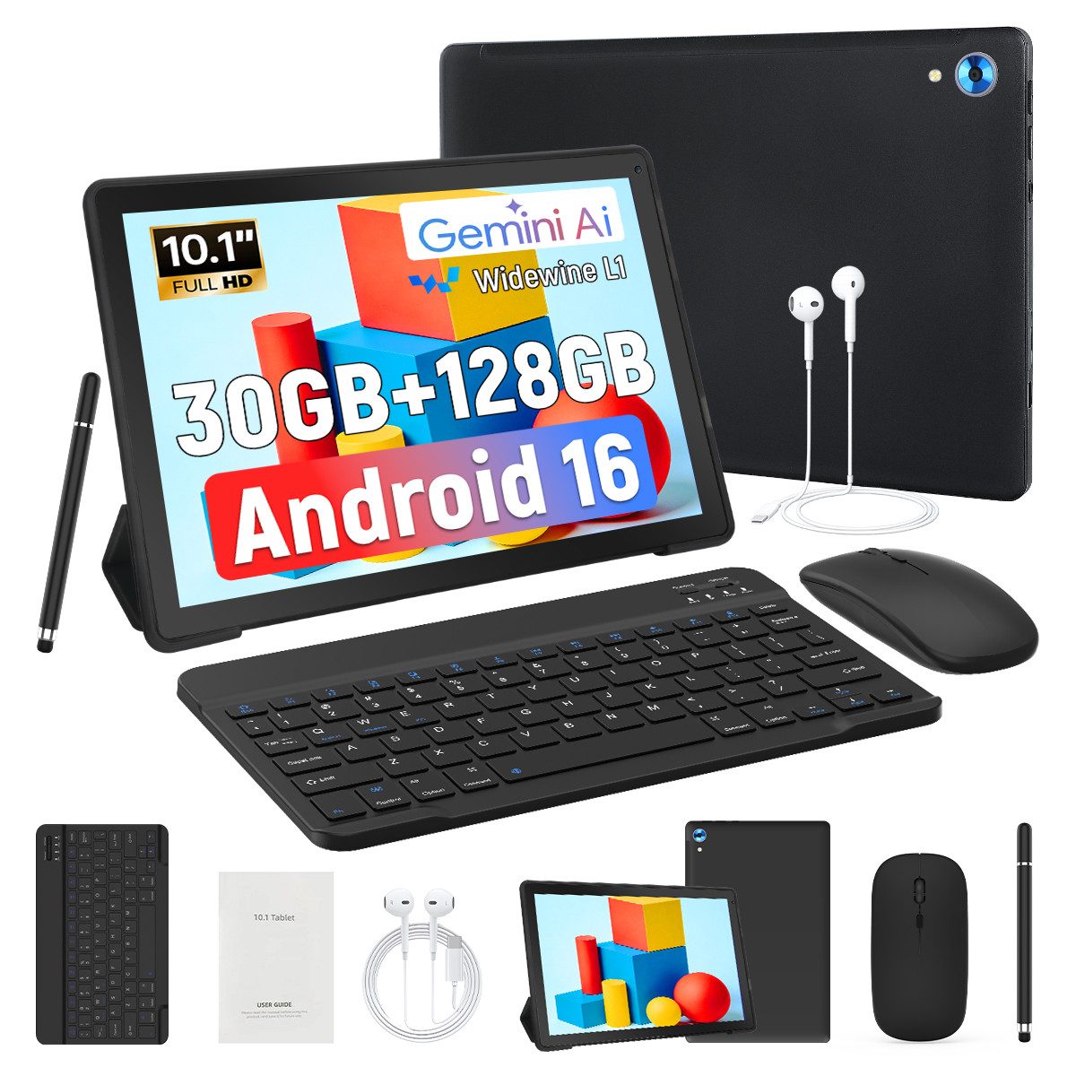 BUFO 10.1’’ Android 16, 128GB, 6000mAh, mit Tastatur, Maus, Stift und Hülle Tablet (128 GB, Octa‑Core, 30(6+24)GB RAM, Wi‑Fi 6)
