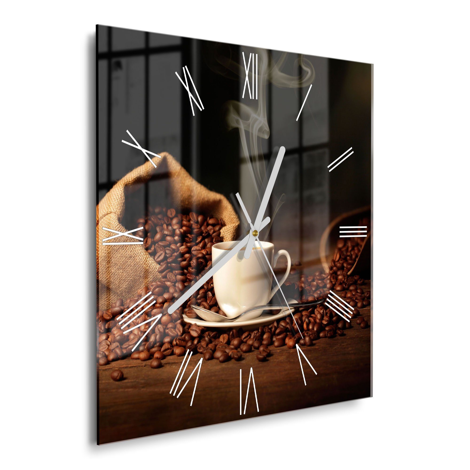 DEQORI Wanduhr 'Kaffeetasse mit Bohnen' (Glas Glasuhr modern Wand Uhr Design Küchenuhr)