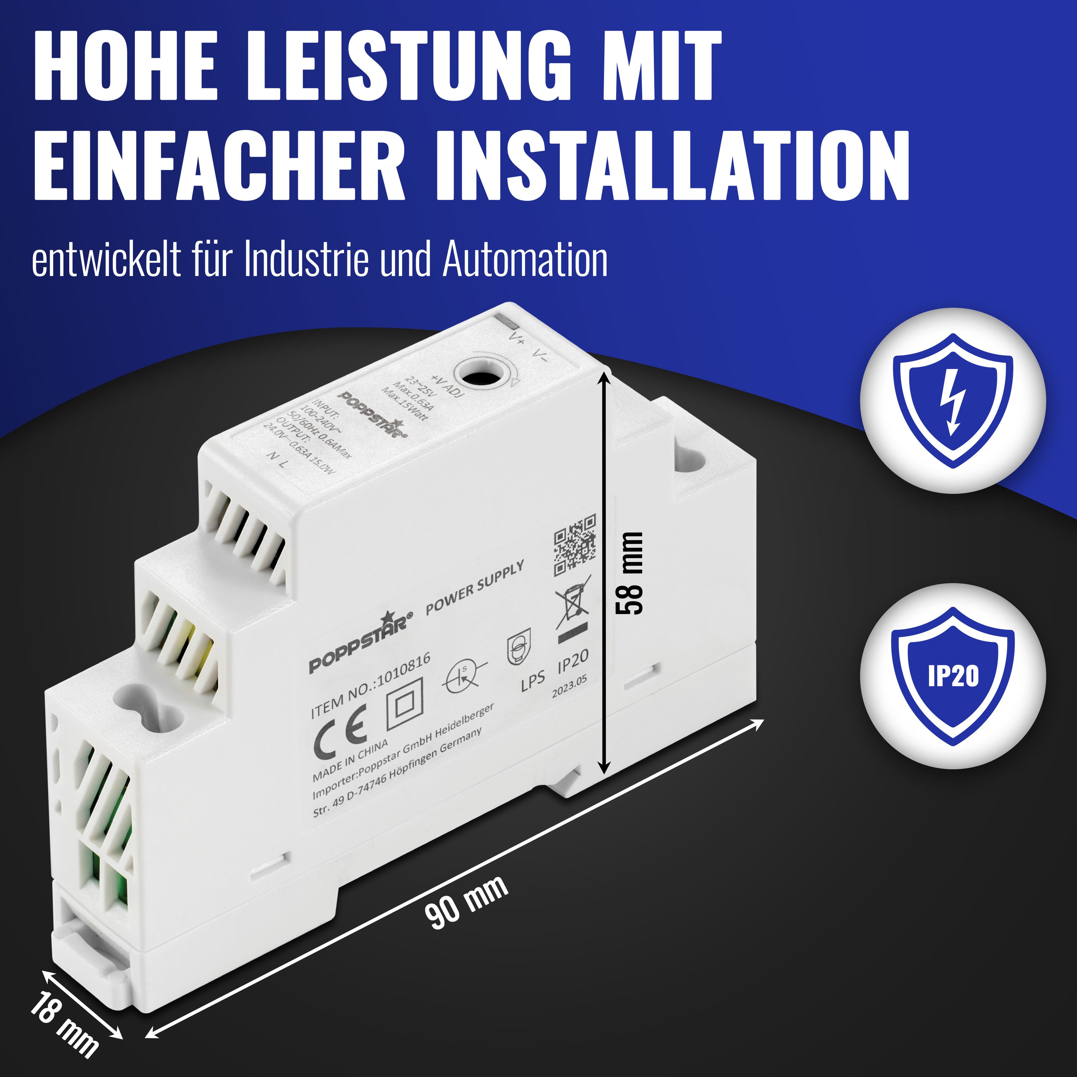 Poppstar DIN Rail Netzteil 24V 15 Watt Hutschienen-Netzteil (Klingeltrafo mit Input 100-240V AC, Output 24 V DC 0,63 A 15W)