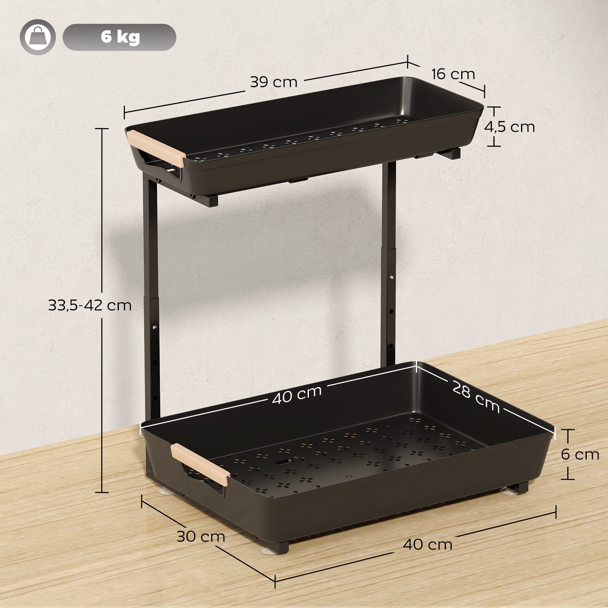 HOMCOM Küchenregal höhenverstellbar, mit 2 Körbe, Kaffeebar 1-tlg., Schwarz, 96,5 x 38 x 165 cm