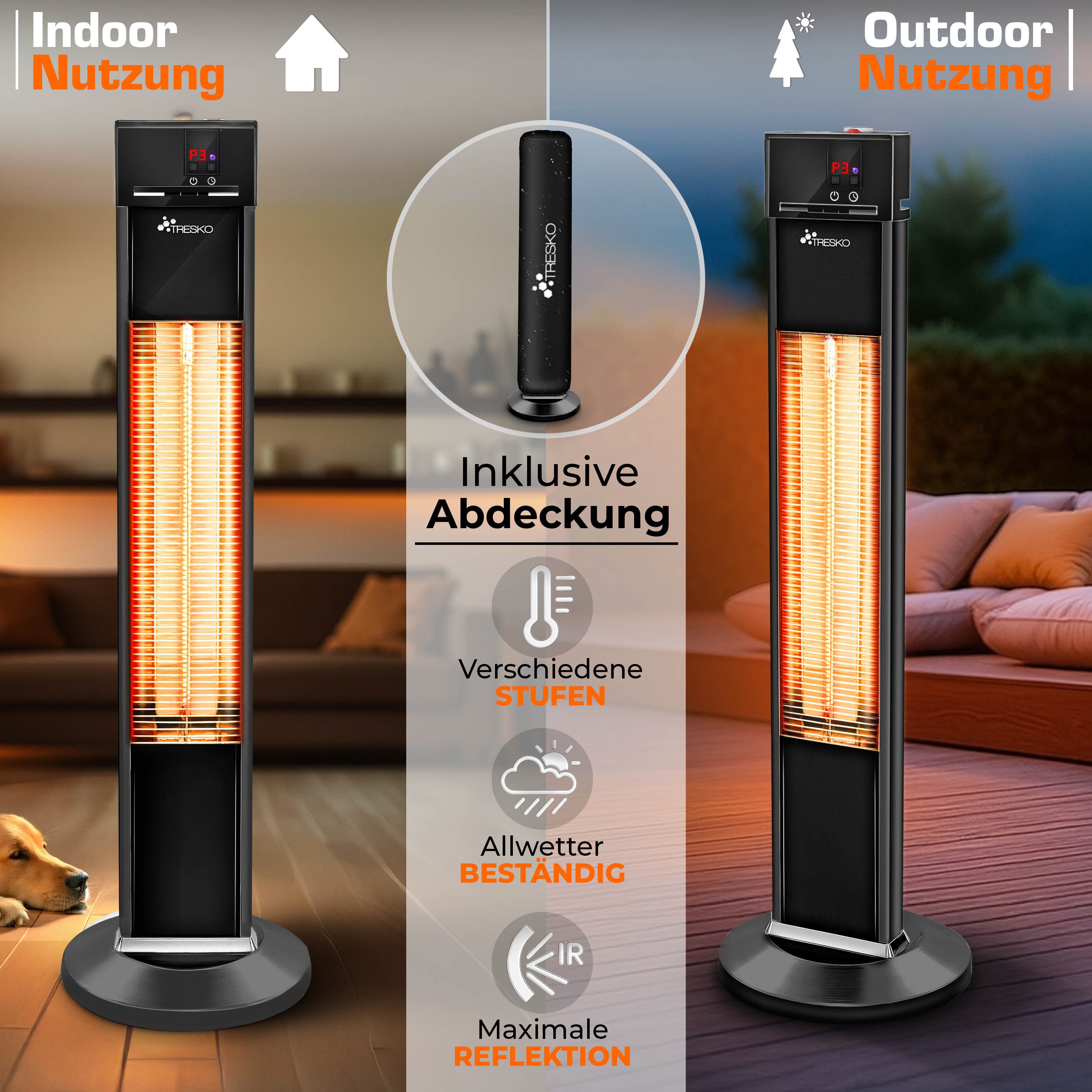 TRESKO Heizstrahler Infrarot Stand-Heizstrahler Wärmestrahler Fernbedienung LED-Anzeige, 2000 W, Terrasse elektrisch mit 3 Heizstufen, Terrassenstrahler Innen & – Bild 5 von 5