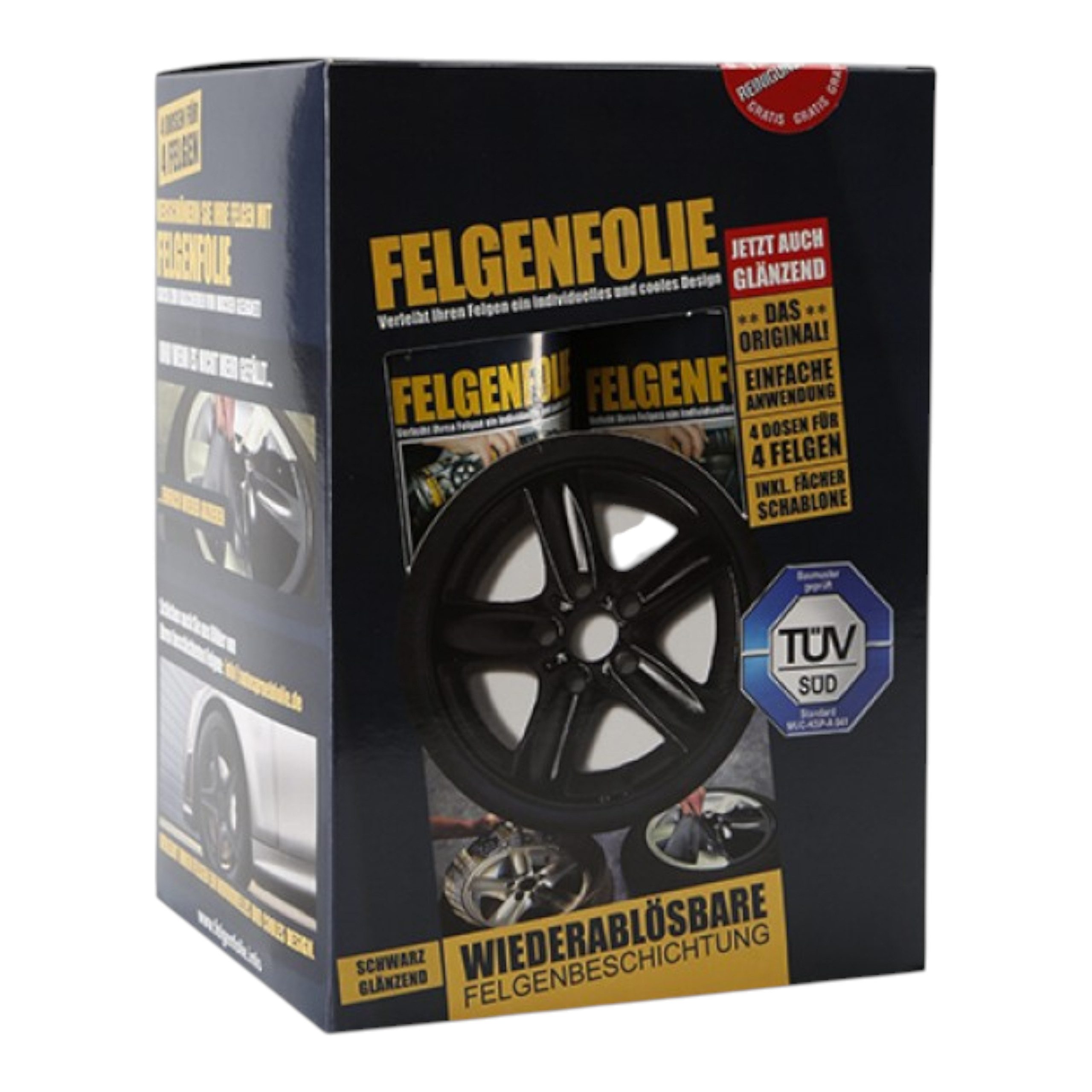 mibenco Felgenaufkleber Felgenfolie-Set 4×400 ml Schwarz Glänzend – Sprühfolie für Felgen